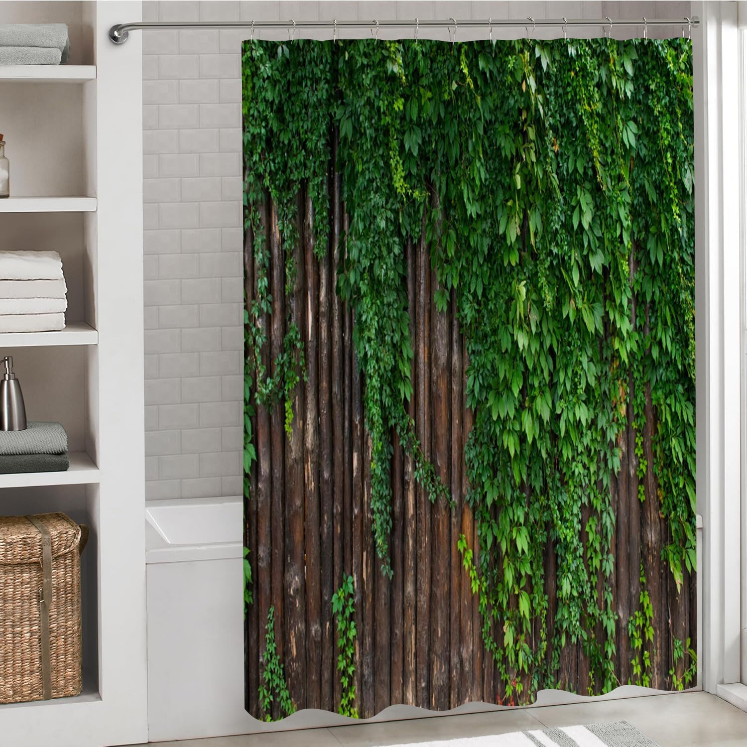 Green Leaves Shower Curtain Garden Landscape Nature Forest Tropical Plant Scenery Rustic Farmhouse Bathtub Curtains Set Fabric Bathroom Accessories with Hooks 70Wx70H Inch