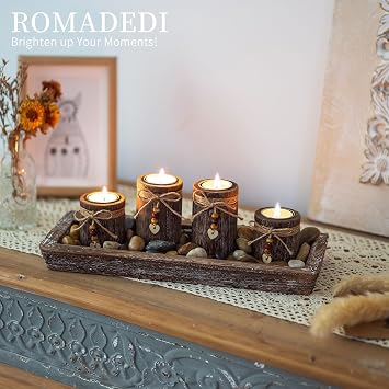 Romadedi Wood Tray with 4 Tea Light Candle Holders, Table Centerpiece