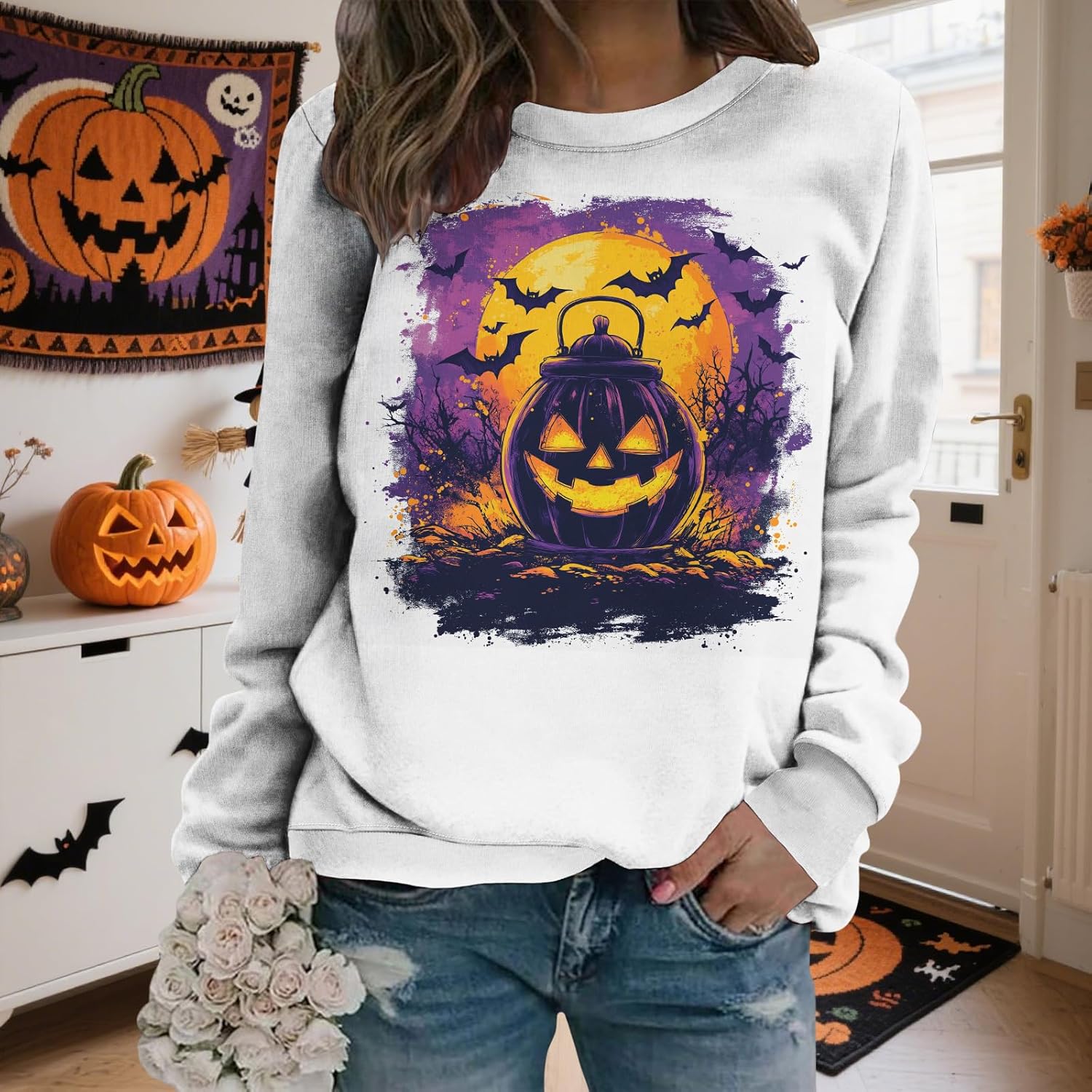 LIZALIG Pullover Cute Sweatshirt Orange Skeleton Fall Festive FunWomens Design Bat Holiday Party Outings Pumpkin Print - Image 3