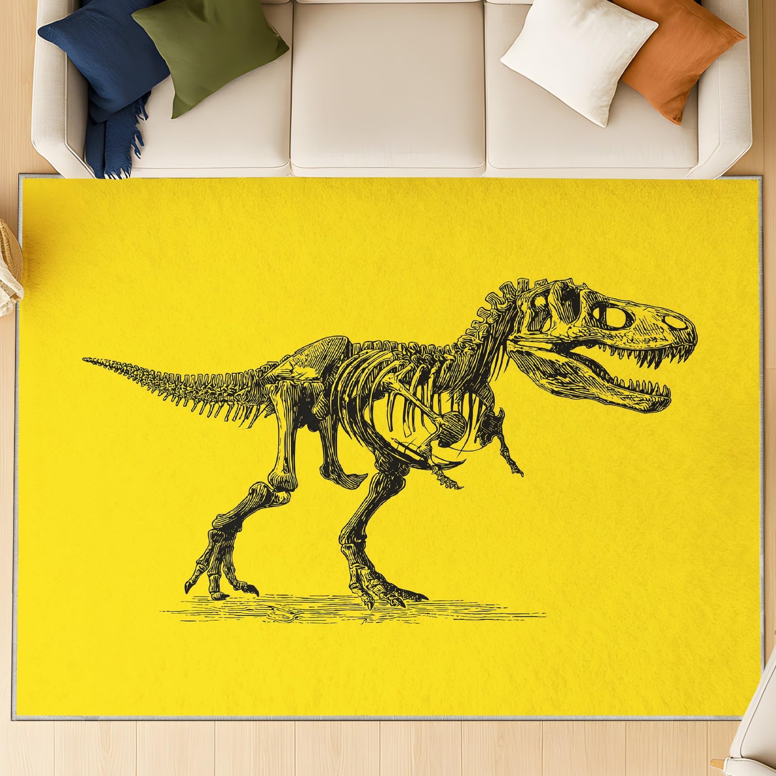 Manga komiks minimalistyczny antypoślizgowy dywan do salonu 120 x 160 cm oryginalne zwierzę, musztardowy żółty szkielet dinozaura wytrzymały dywan dekoracyjny, miękki dywan z krótkim włosiem do