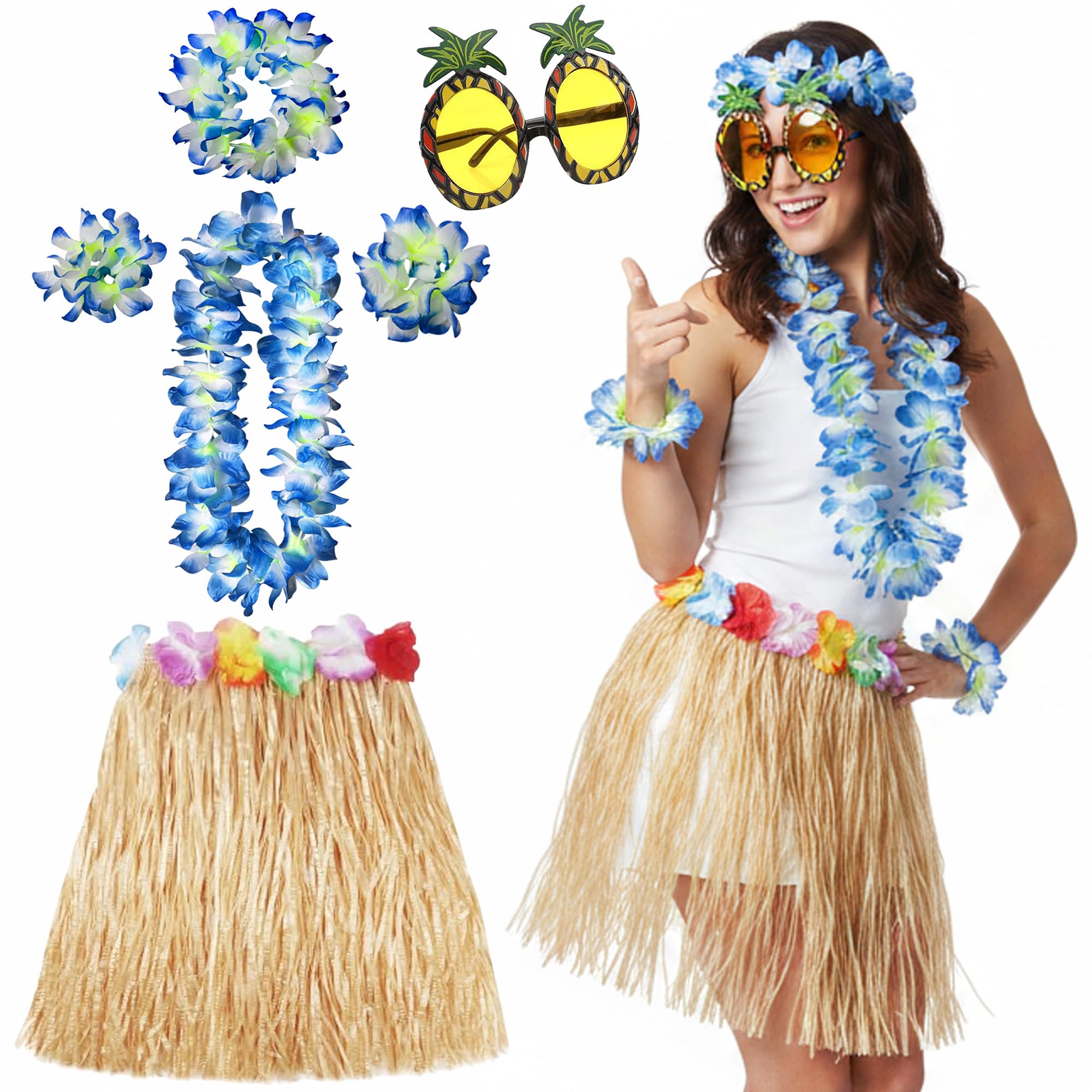 Hawaiian Flower Garlands Fancy Dress - Hawaiian Leis Flower Garland Necklace Grass Skirt Pineapple Sunglasses, Blue Flower Accessories for Luau Party and Tropical Beach Summer Celebrations