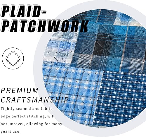 Miniatura 3 de Juego de edredón a cuadros tamaño individual, juego de colcha de retazos azules de 3 piezas, reversible, a cuadros, azul, juego de ropa de cama