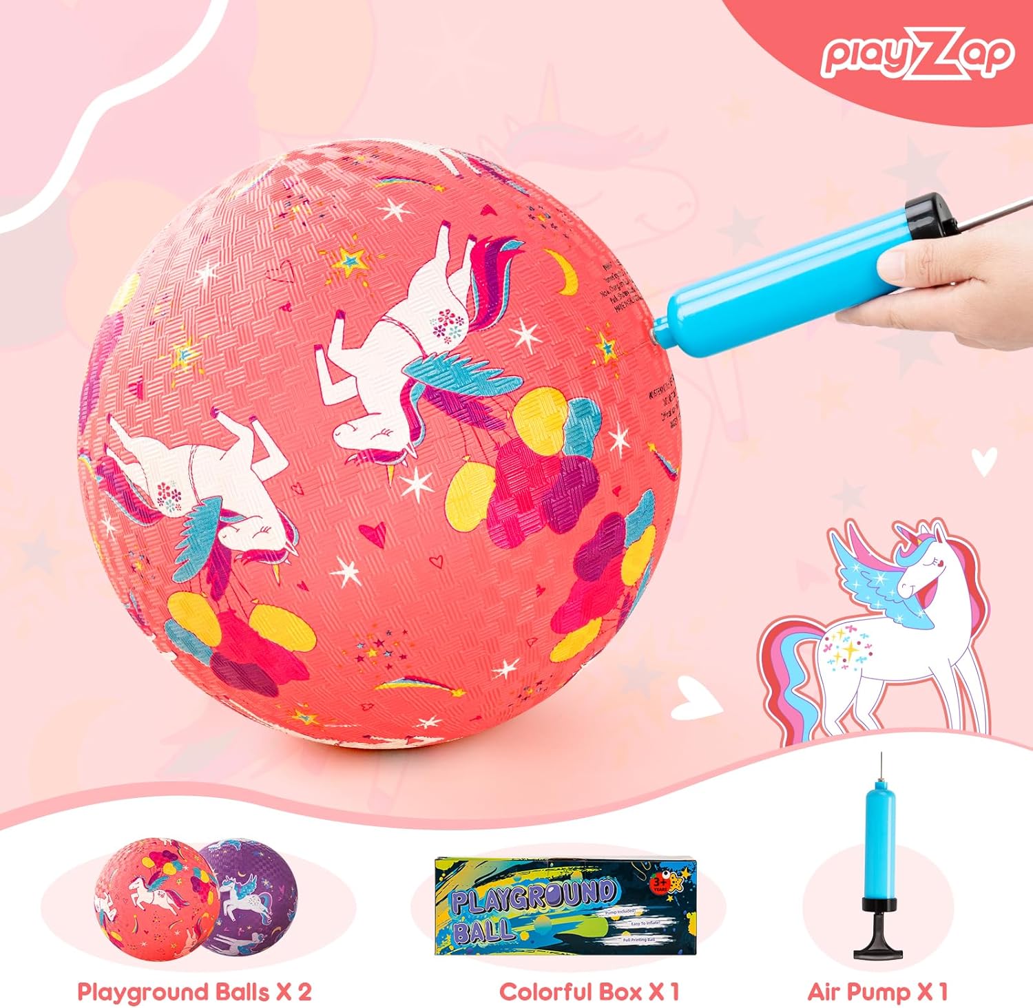 PlayZap 2 Pack Playground Balls for Toddlers, Unicorn Kickballs for Kids 3-12, 8.5" Rubber Bouncy Balls with Pump, Indoor & Outdoor Dodgeball Toys for Boys & Girls Gifts