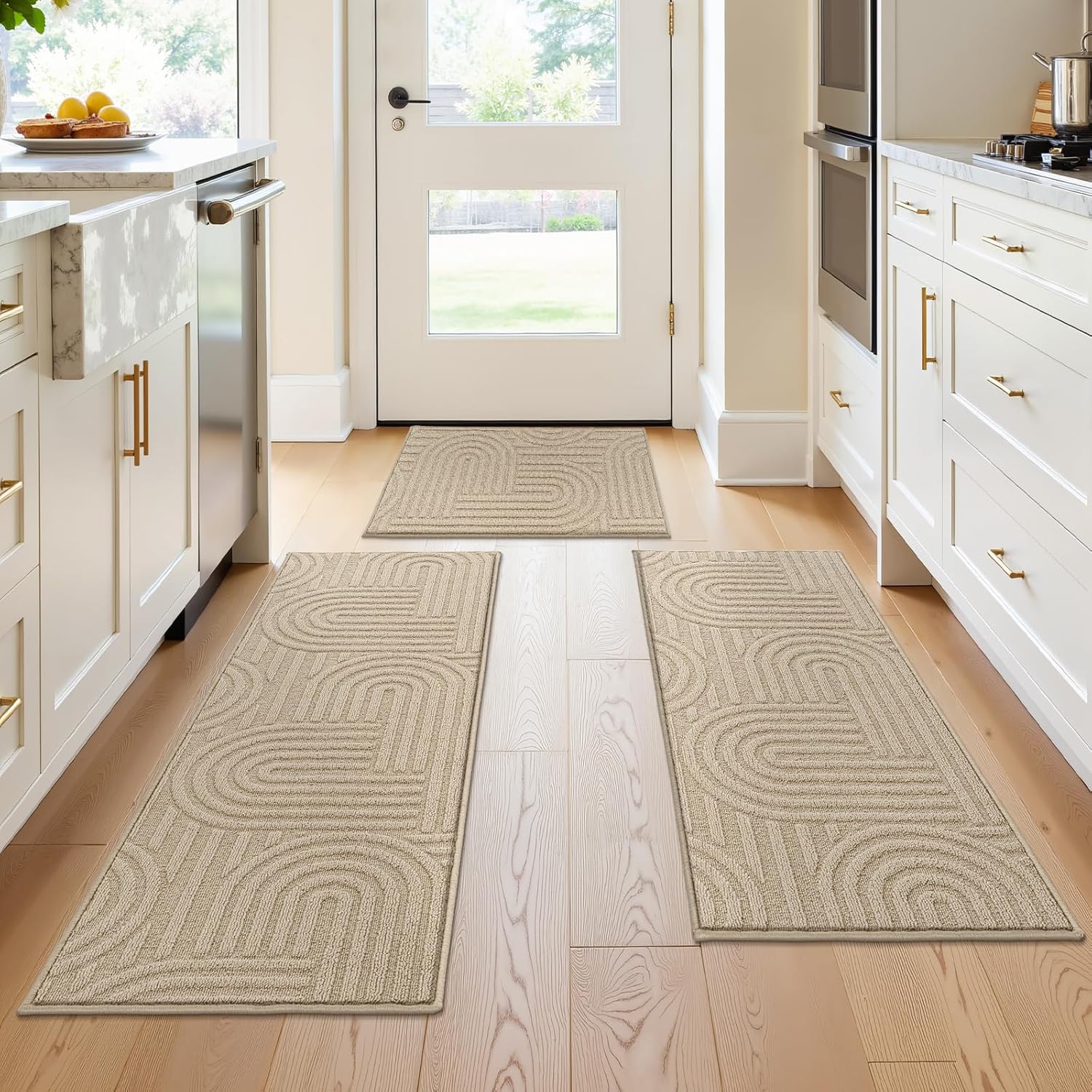 U'Artlines Kitchen Rugs and Mats Set of 3, Non Skid Washable Beige Geometric Kitchen Mats for Floor, Absorbent and Stain Resistant Floor Mat for Laundry, Sink Decor 20x32+20x48+20x59