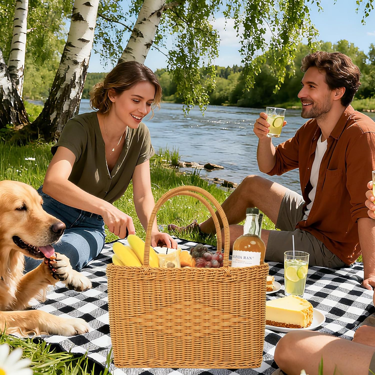 Big Picnic Basket-40cm Diameter with Handles Handmade Plastic Rattan Woven Basket Multifunctional Woven Storage Basket, Storage Basket for Camping,Shopping, Market, Birthday, Wedding,Picnic, Party - Image 2