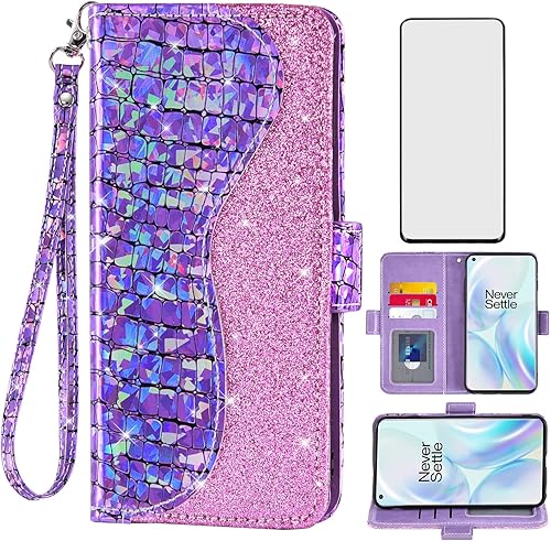 Asuwish Funda para teléfono OnePlus 8 OnePlus8 5G UW Tmobile Wallet Cover con protector de pantalla y tarjetero abatible Bling Glitter Cell One