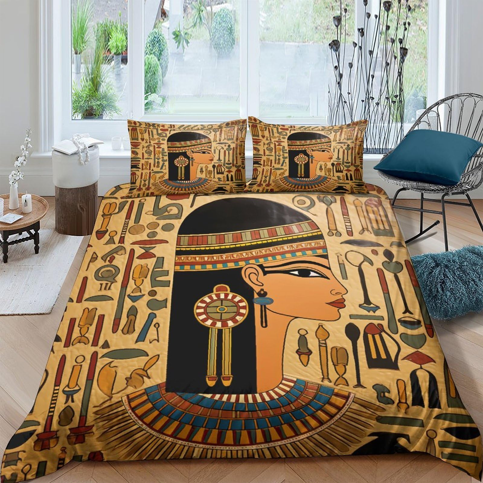 Ctjqhvkz Style-8 3D Printed Egyptian Queen Fitted Sheet Microfiber Soft Anti-Slip Hieroglyph Bed Cover Bedroom Dorm Decor Single（135X200cm）