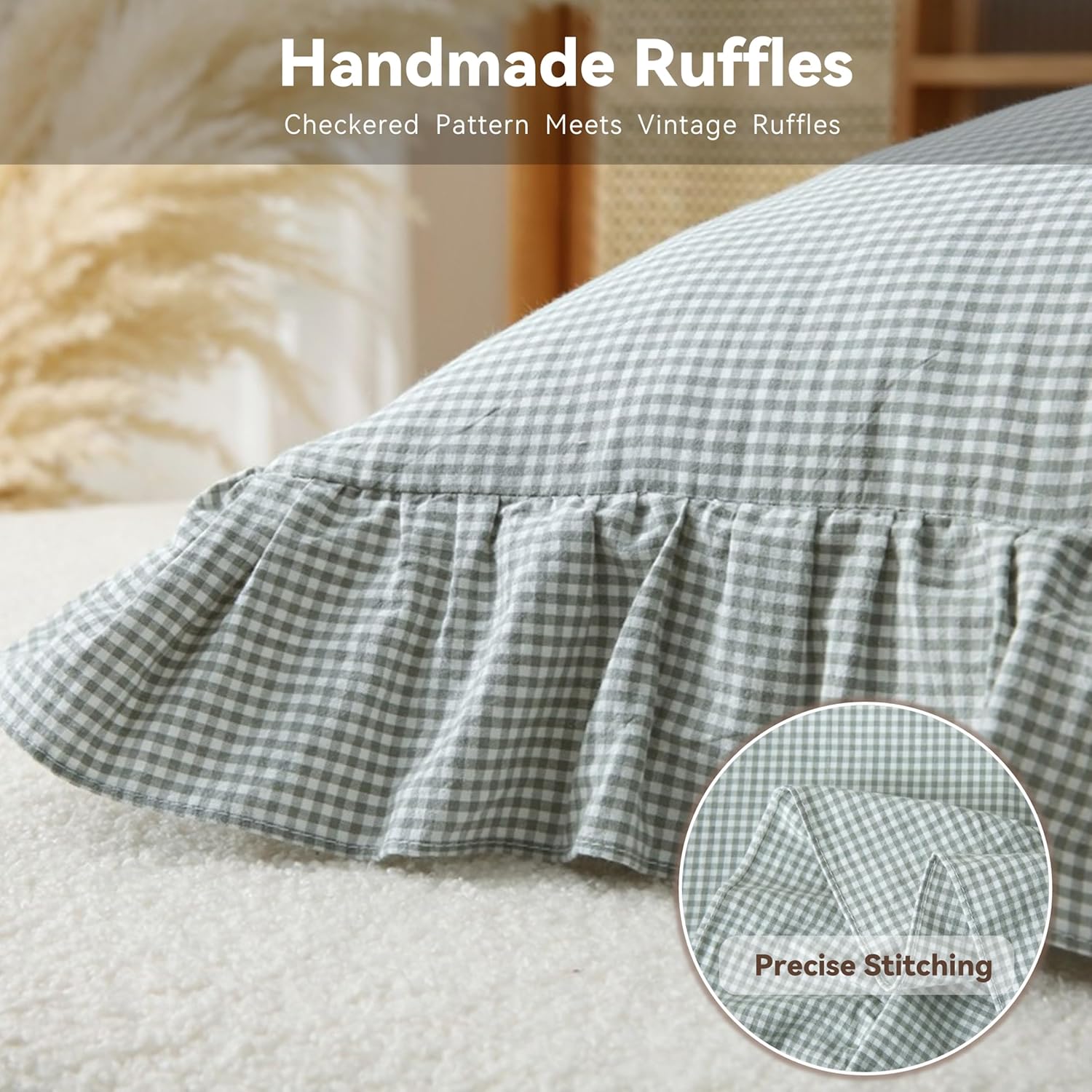 2 Pack 18 x18 inches Green/White Checkered Throw Pillow Covers 100% Washed Cotton Vintage Ruffle Trim Decorative Gingham Pillowcases with Zipper Closure for Bed/Living Room