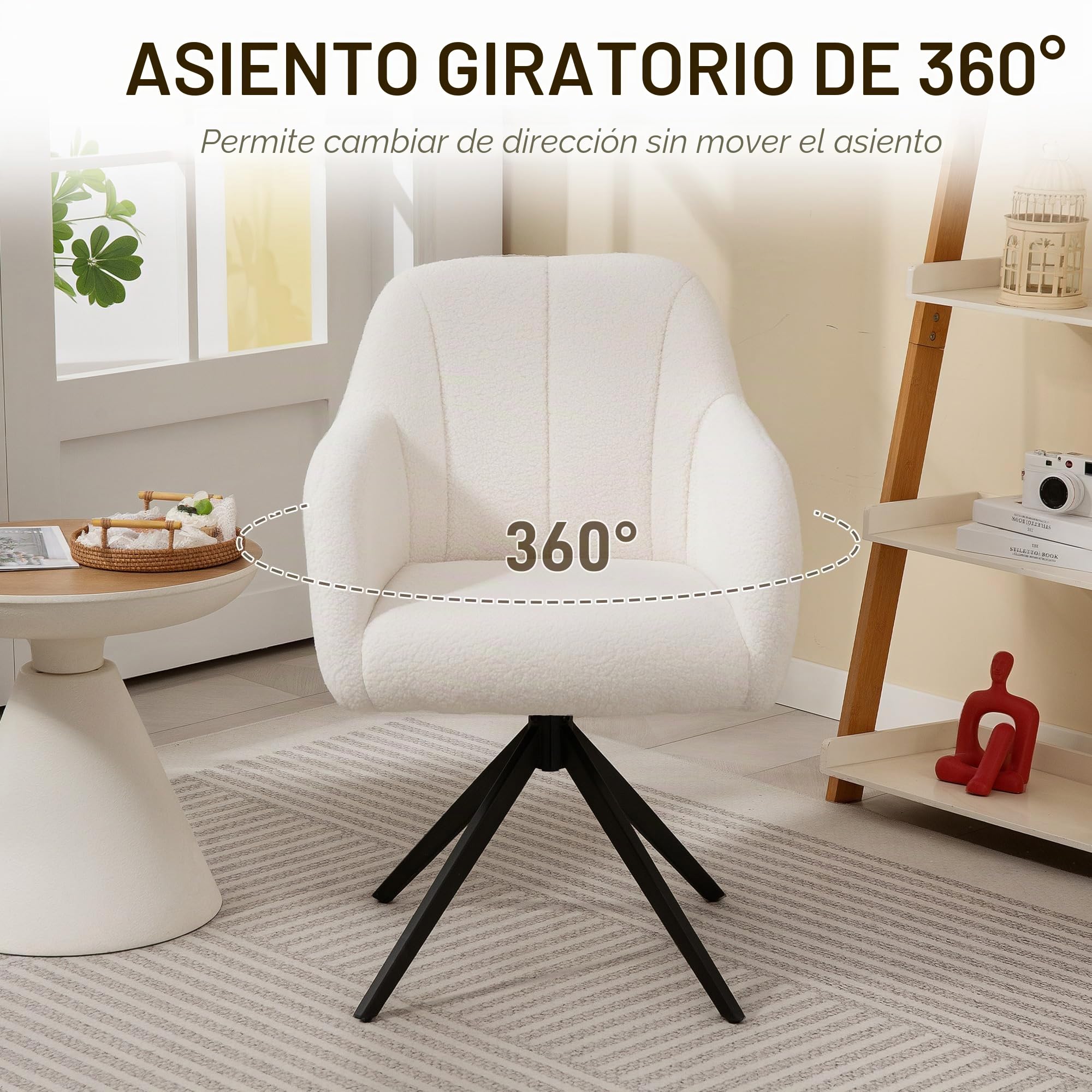 HOMCOM Sillón Giratorio Gran Comodidad Base de Acero Blanco | Sillón relax, sillón de dormitorio, tupido teddy pelo sintético, sala de estar, dormitorio, oficina