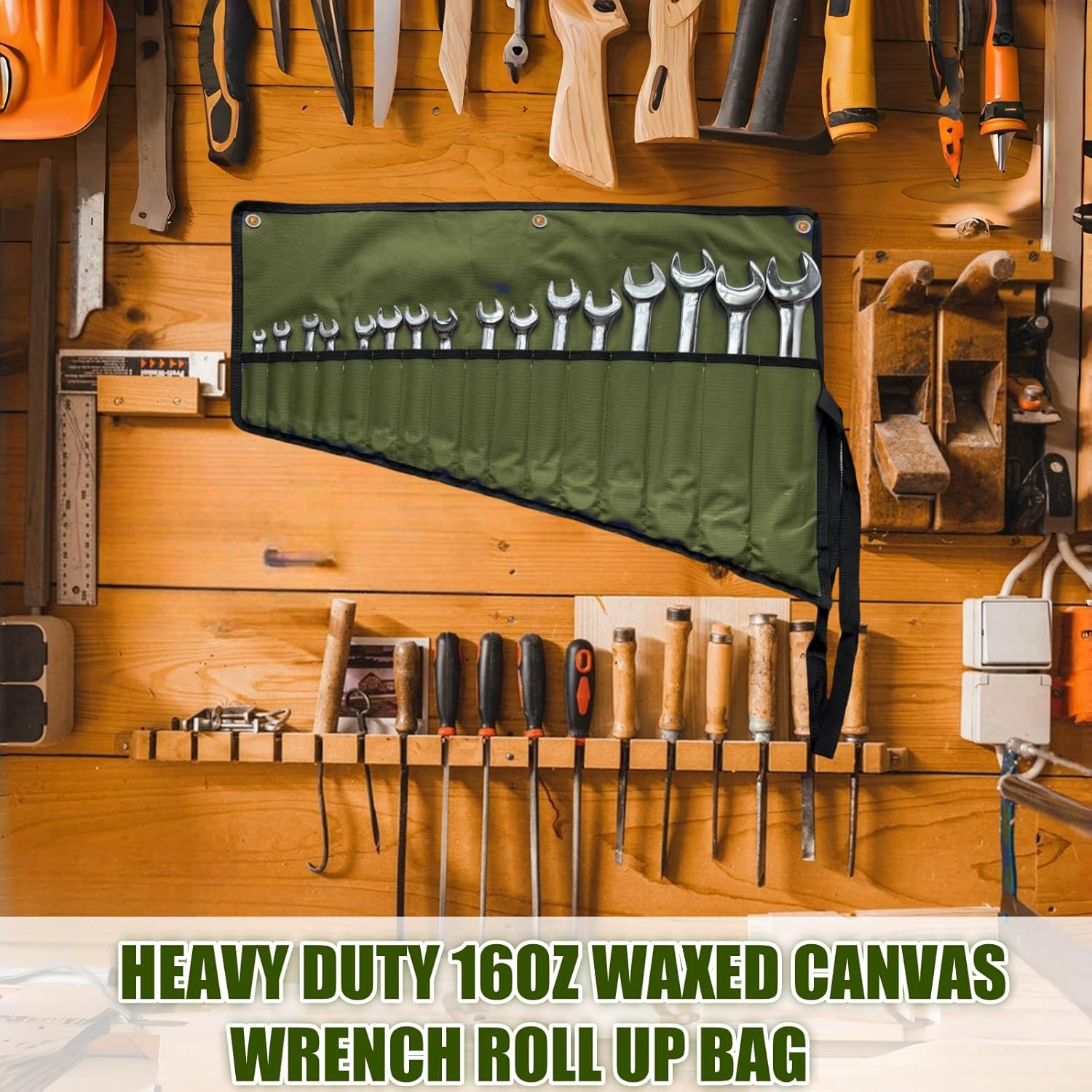 16 Pockets Wrench Roll Up Organizer, Wrench Bag and Tool Organizer Bag, Wrench Roll Up Pouch with Water Proof Oxford Cloth, Roll Up Tool Bag for Wrench Organization, Electrician Gifts