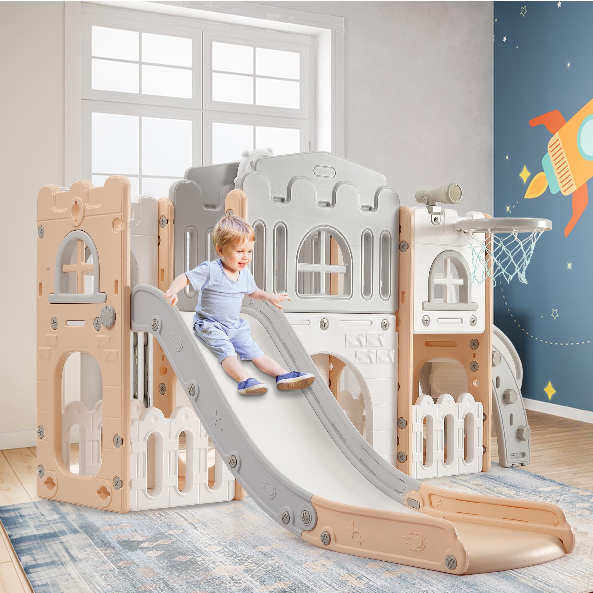 11-in-1 Kinderrutsche Indoor & Outdoor – Multifunktions Spielset Mit Klettergerüst, Basketballkorb, Tunnel, Lenkrad, Teleskop Und Zeichentafel Für Kinder 1-5 Jahre, Sicher Und Stabil, Rosa