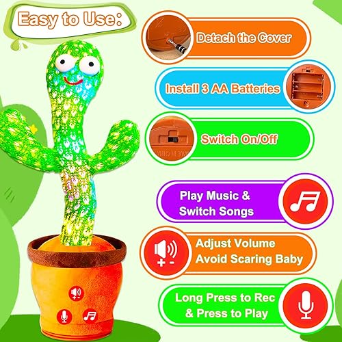 Miniatura 8 de Juguetes interactivos para bebés, juguete de cactus que habla bailando, volumen ajustable, imitando cantar y repetir, juguetes para niños pequeños,