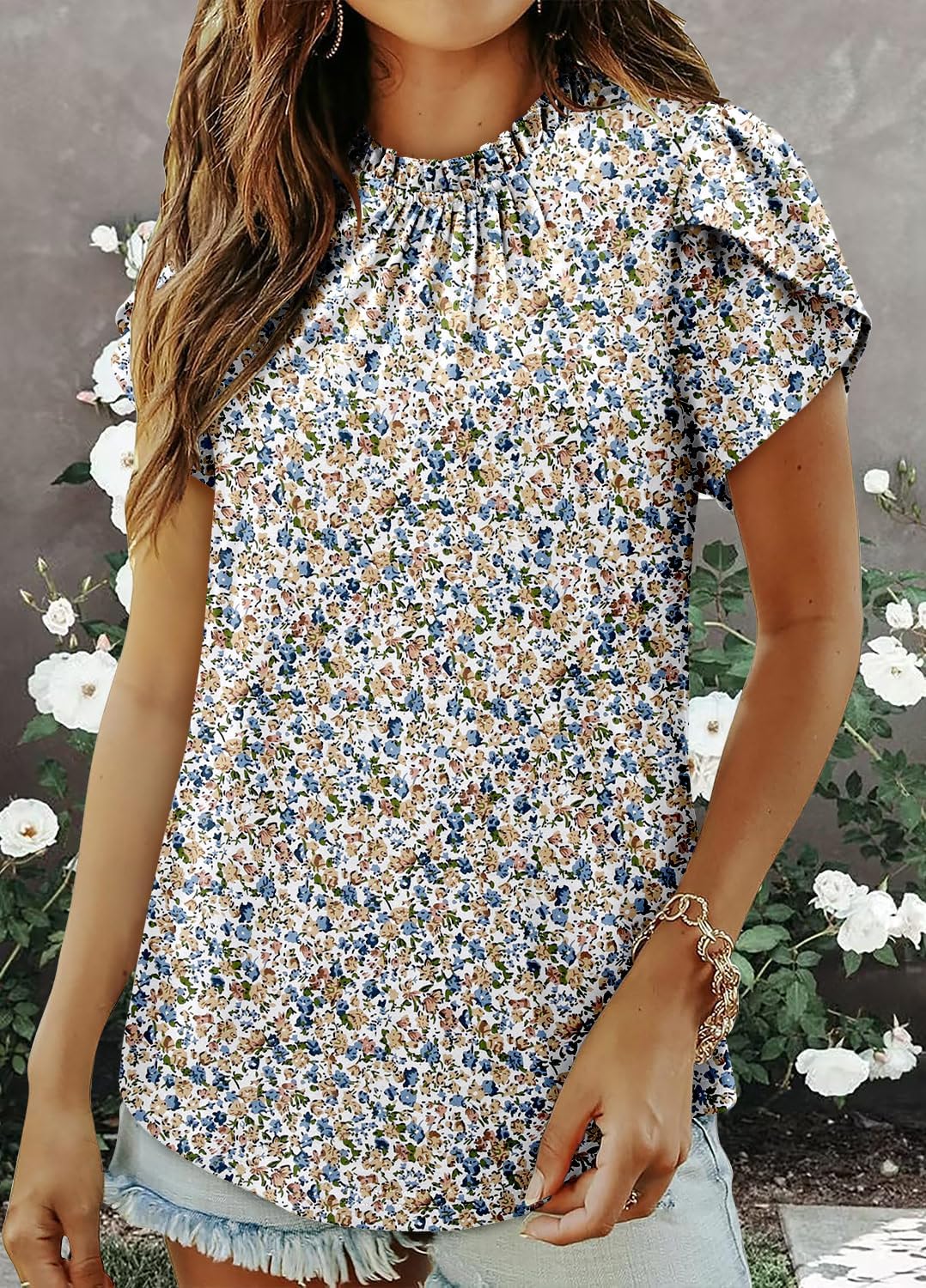 CHICZONE Women's Mock Neck Casual Summer Tops Ruffle Short Sleeve Keyhole Back Boho Blouses - Image 3