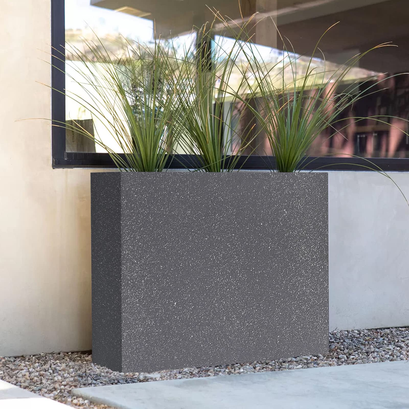 24-Inch Rectangle Fiberglass Trough Planter – Poly Grey FRP Flower Pot Container for Home Garden, Patio, Lawn & Terrace | Outdoor Modern Planter Box with Drainage Hole