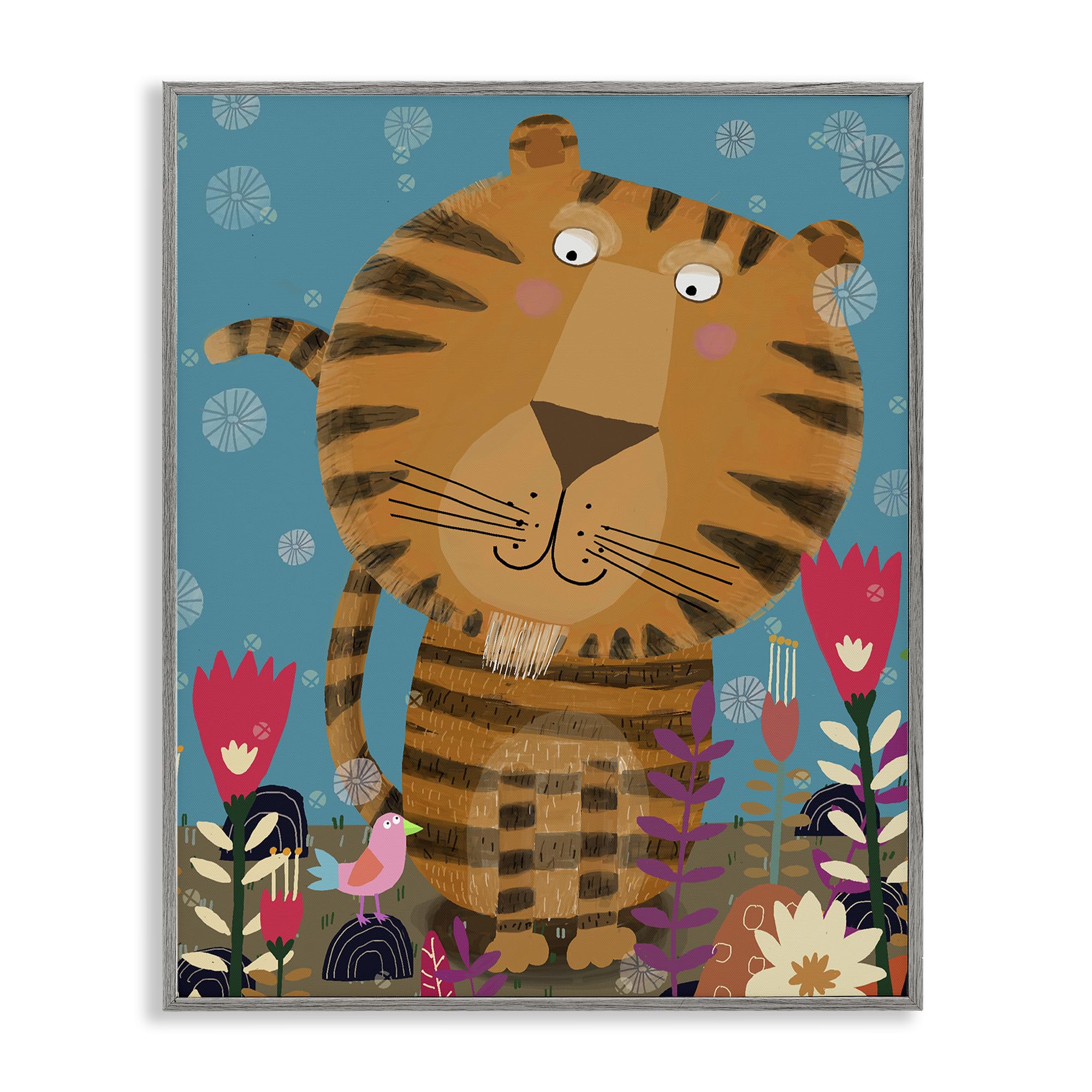 Stupell Industries Farmhouse Gray (Textured) Boho Tiger Flowers Playful Jungle, 16 X 20 Inch Framed Giclée Print