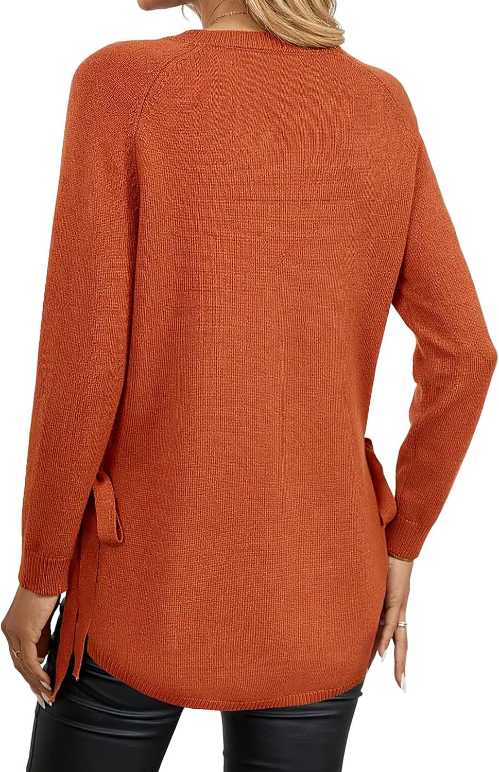 Womens Fall Crewneck Long Sleeve Tunic Sweaters Pullover Work Casual Side Slit Curved Asymmetrical Hem Bow Tie Knit Tops - Image 4