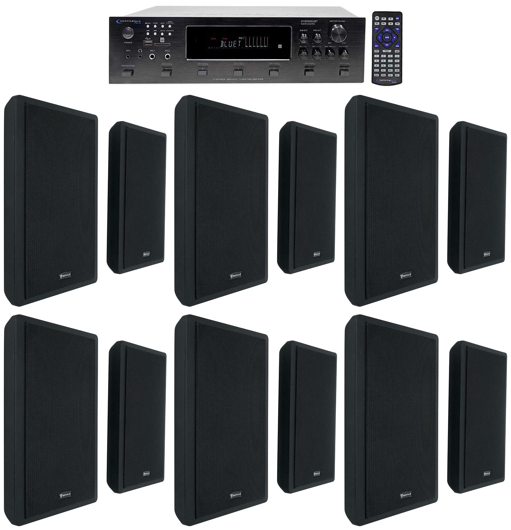 Technical Pro 6000w 6-Zone Home Theater Bluetooth Receiver+12 Slim Wall Speakers