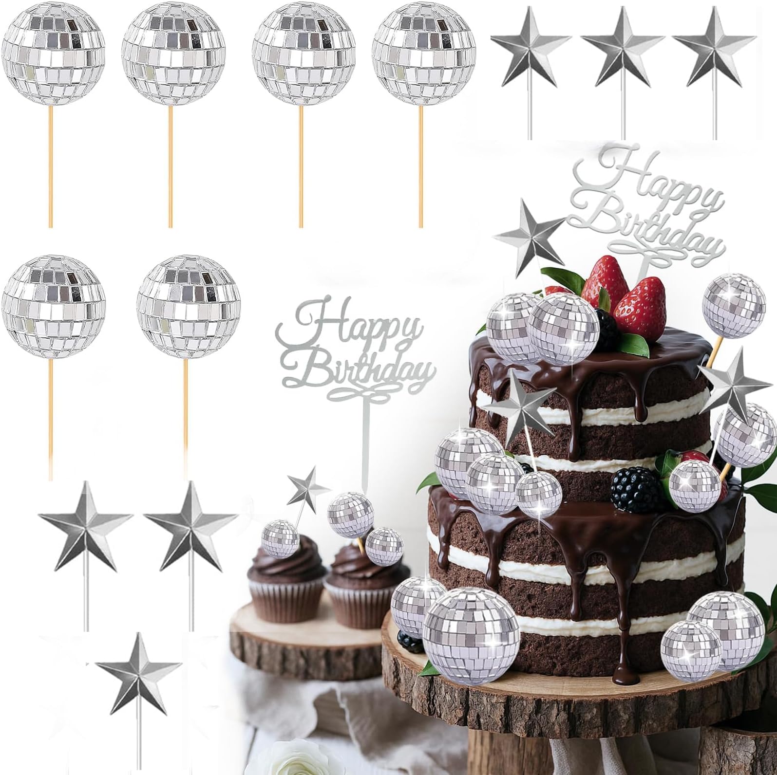 12 Pcs Disco Ball Cake Decorations,Cake Toppers for Cake Decoration, Cake Topper, Disco Ball Decor, Elegant Dessert Decorations for Wedding Cakes Birthday Parties Holiday Celebrations