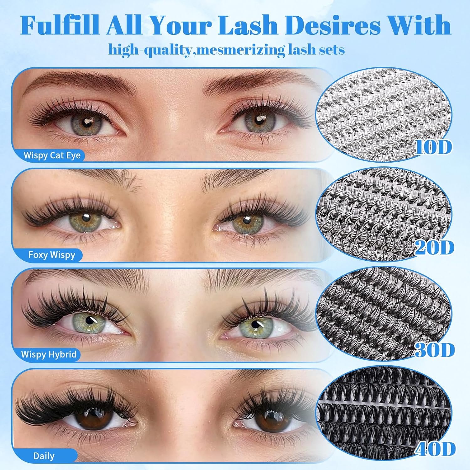 Lash Clusters Kit Natural Wispy Lash Extensions Kit 720Pcs Individual Cluster 10D+20D+30D+40D Eyelash Clusters DIY Cluster Eyelash Extension with Bond&Seal,Tweezers, Remover, Eyelash Brush
