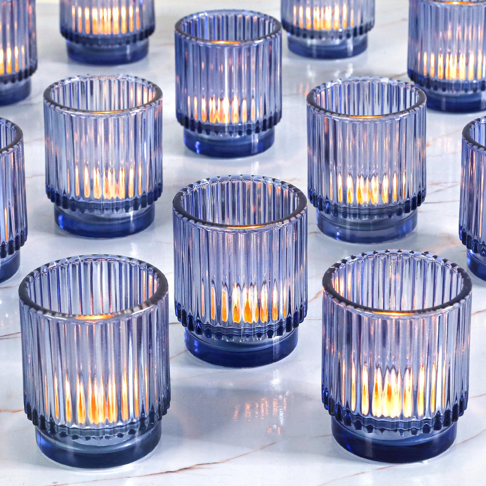 Vintage Ribbed Blue Glass Tealight & Votive Candle Holders (Set of 12), Wedding Bridal Shower Party Table Decor, Fall Decor, Boho Decor, Shelf