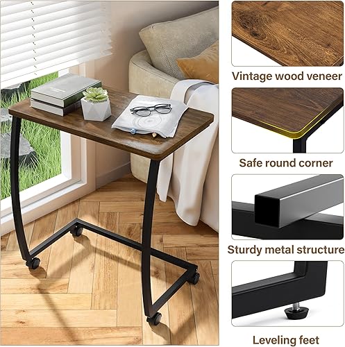 Miniatura 14 de SRIWATANA Mesa auxiliar, mesa auxiliar, mesa de sofá vintage en forma de C para sofá, laptop, aperitivo, café, nogal 1.Walnut,Negro -,Nogal oscuro