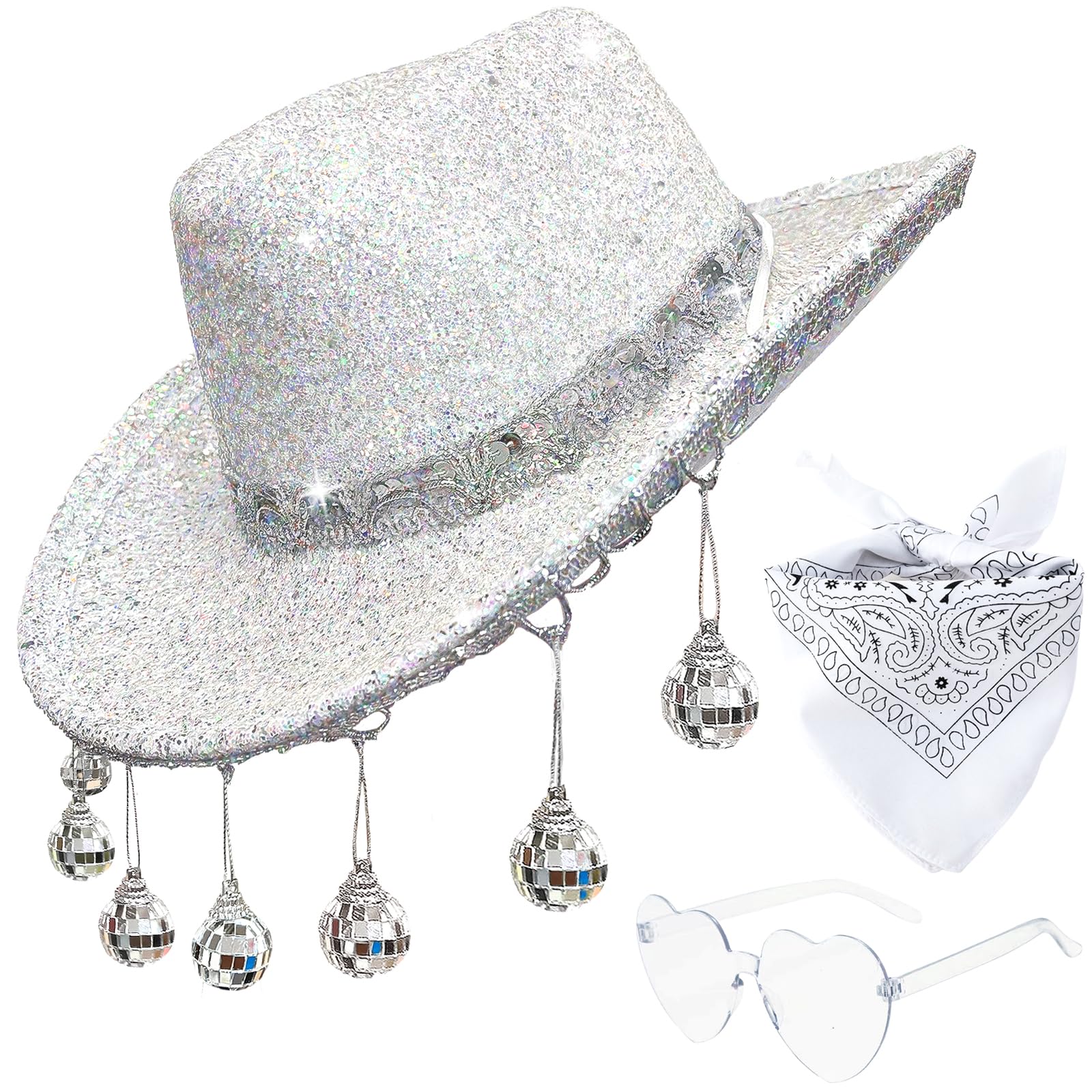 Photo 1 of JIANGLAI Disco Sequin Cowgirl Hat with Sunglasses & Bandana