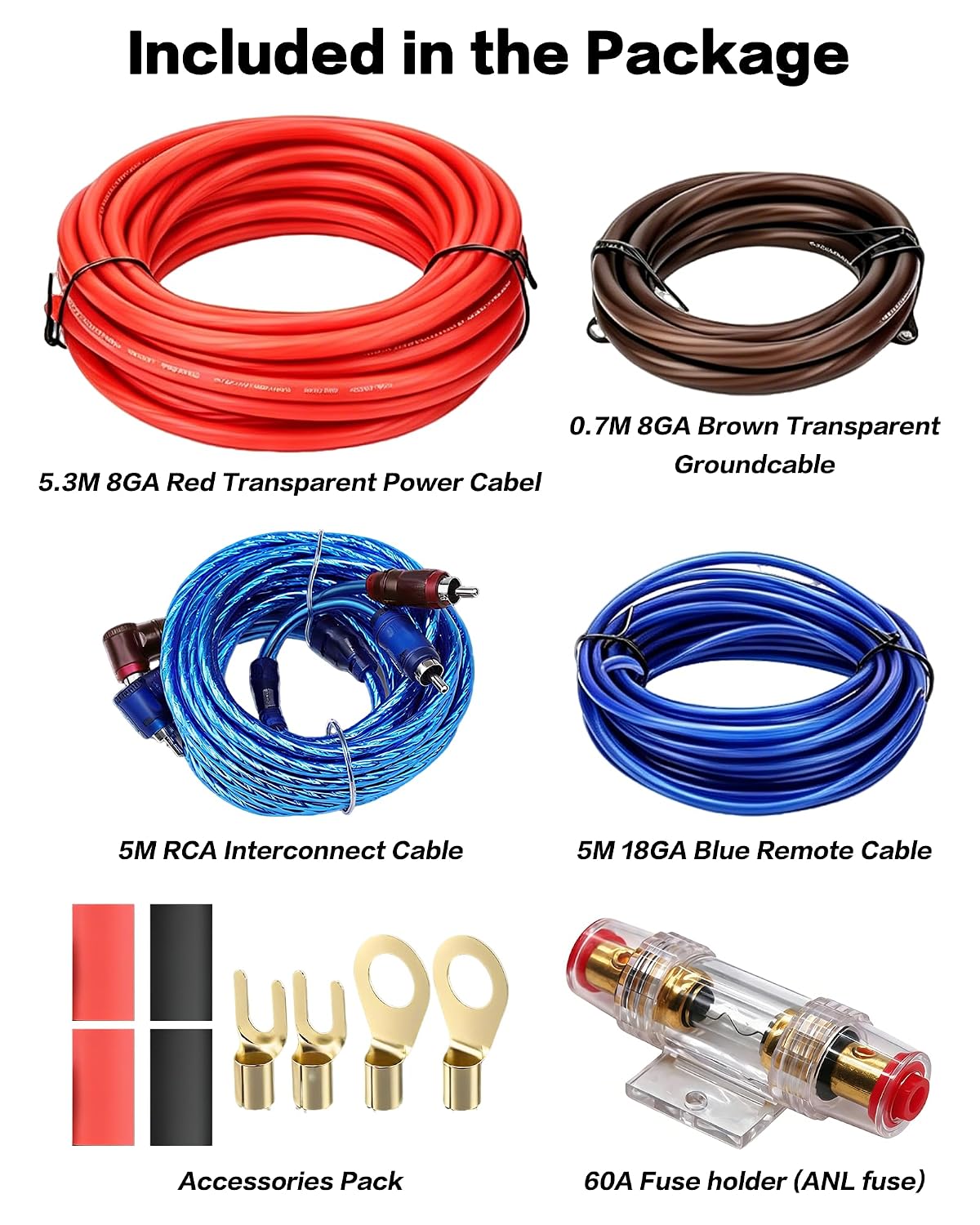 8 Gauge Amp Wiring Kit up to 1500W Car Subwoofer Amplifier Mounting Kit with Power Cables, Ground Cables, Turn-On Wire, Speaker Wire, Terminals image 2