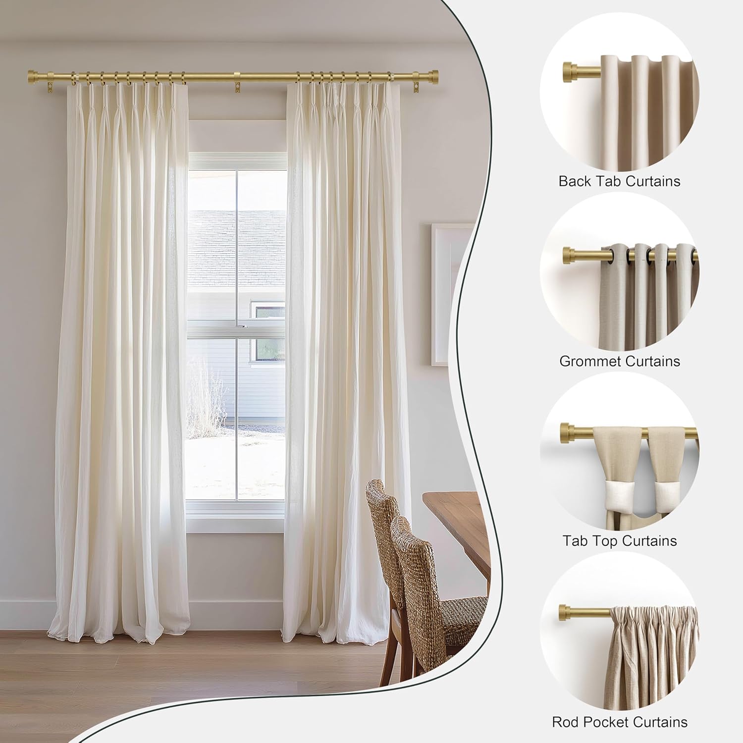 PORTRES Modern Gold Heavy Duty Curtain Rods for Windows 66 to 120 Inches Adjustable Length 1" Diameter Curtain Rod with Farmhouse Decorative Finials for Outdoor Bedroom Kitchen Living Room
