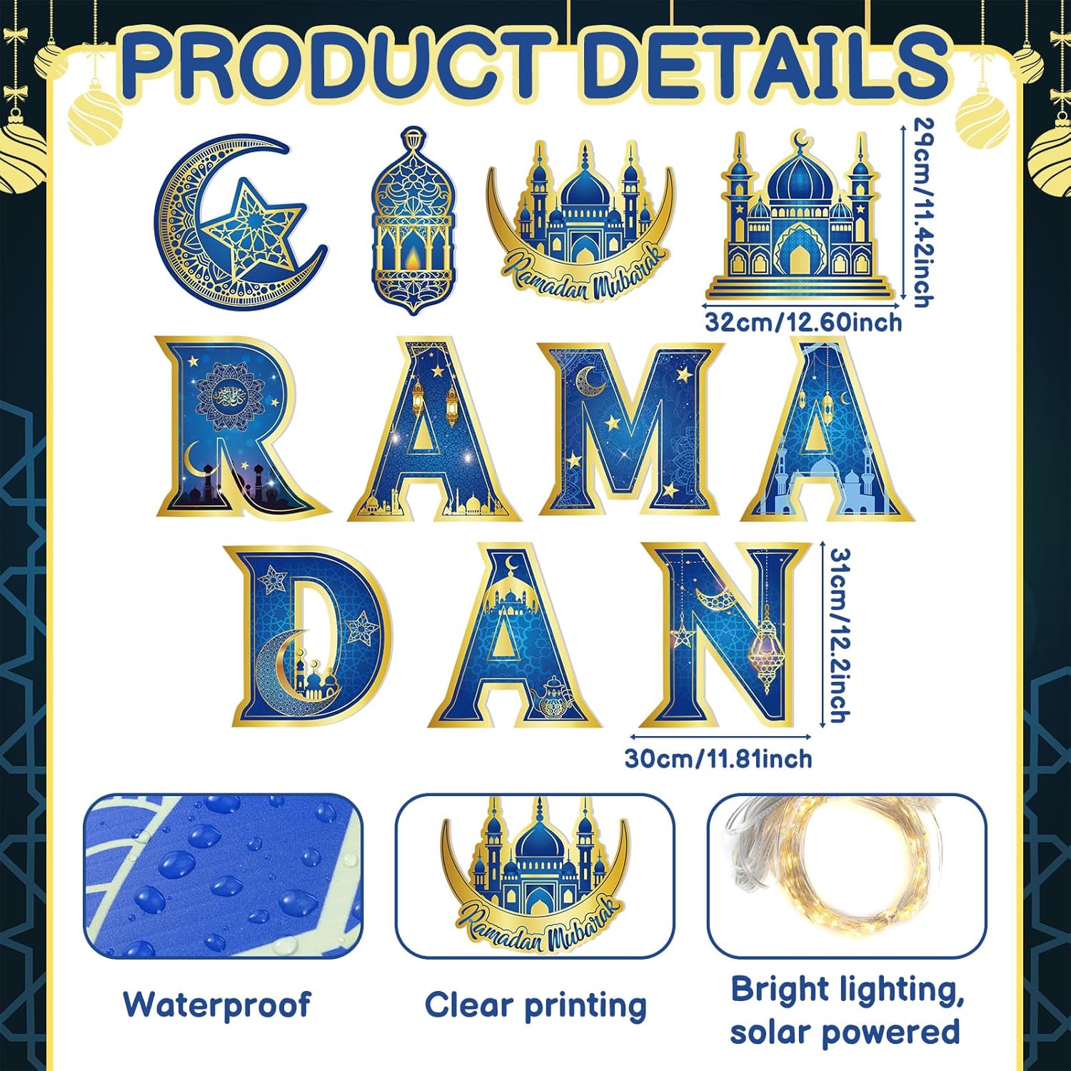 11 Pcs Ramadan Mubarak Yard Signs 7 Letters 4 Signs with Stakes and 2 Rolls String Lights Eid Mubarak Party Yard Sign Lawn Decorations Party Decorations for Home Front Door Garden Decor
