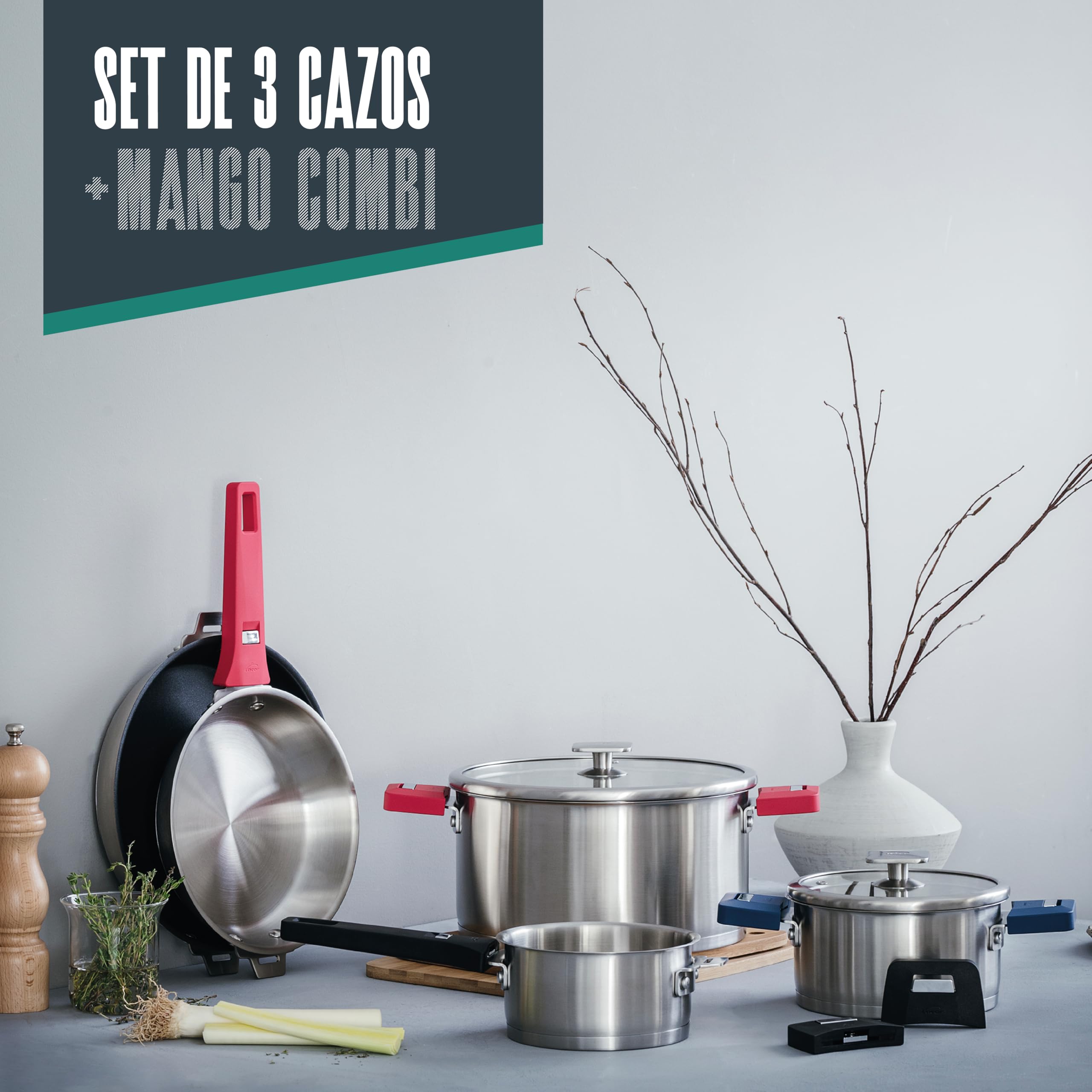 Lacor 56610 - Ensemble de 3 casseroles combinées, + anse, empilables | Ustensile professionnel durable; conçu pour un rendement optimal y nettoyage rapide et facile au lave-vaisselle