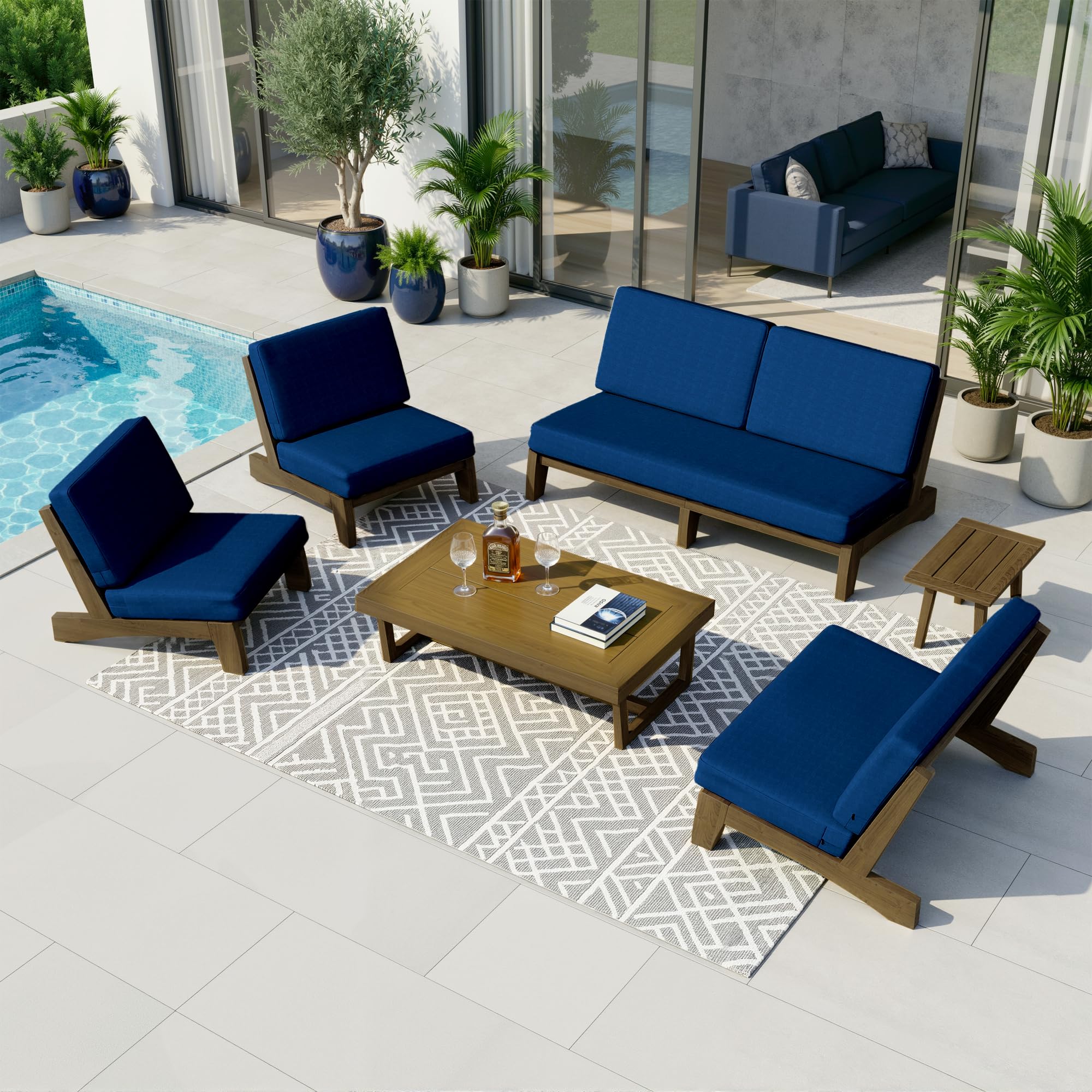 Pia Ricoo 6-Piece Patio Furniture Set, Outdoor Sofa with Loveseat, 2 Chairs, Coffee Table &amp; Side Table, All-Weather Conversation Set for Backyard/Deck/Lawn - Navy
