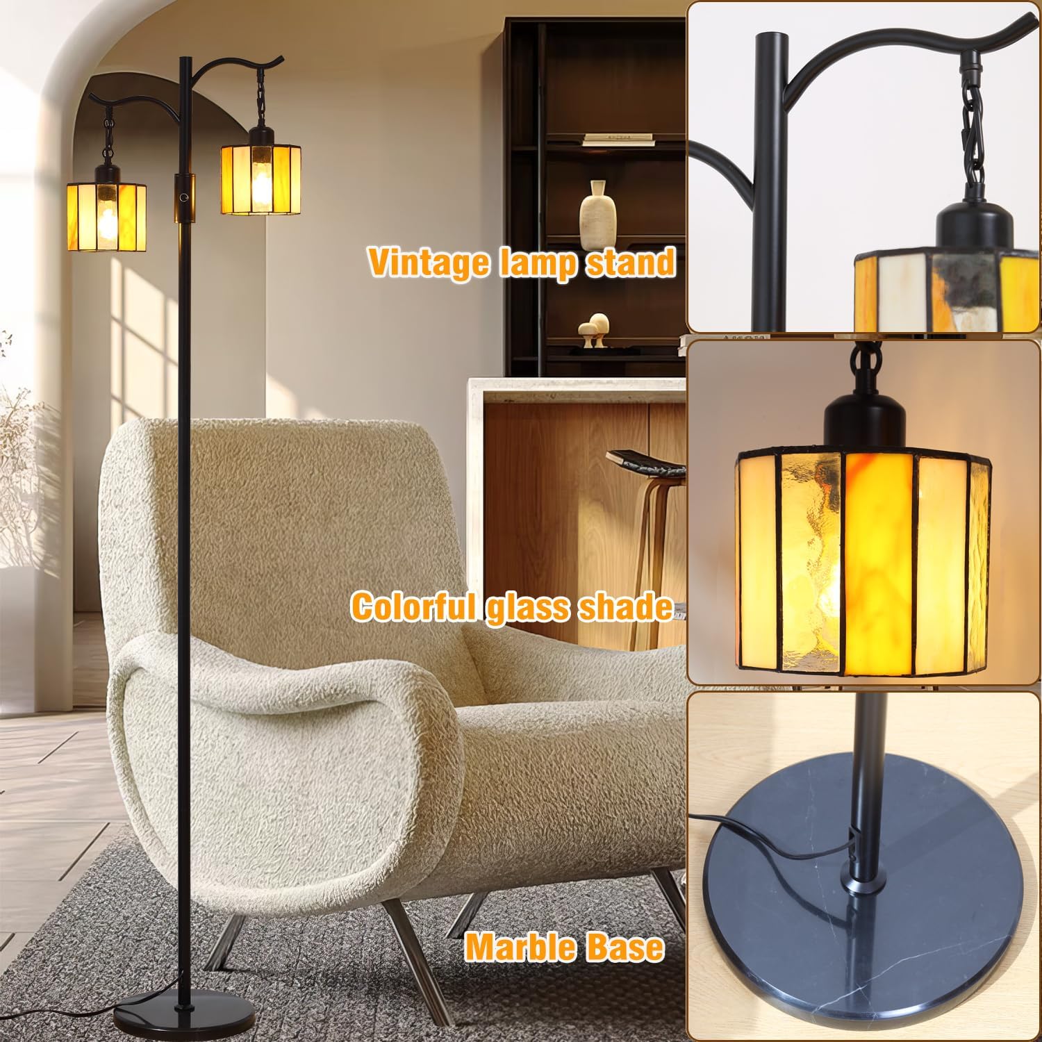 Vintage Dimmable Floor Lamp, Tiffany Standing Lamp with 2 Stained Glass Shades, Rustic Farmhouse Floor Lamp with Black Finish for Living Room Bedroom