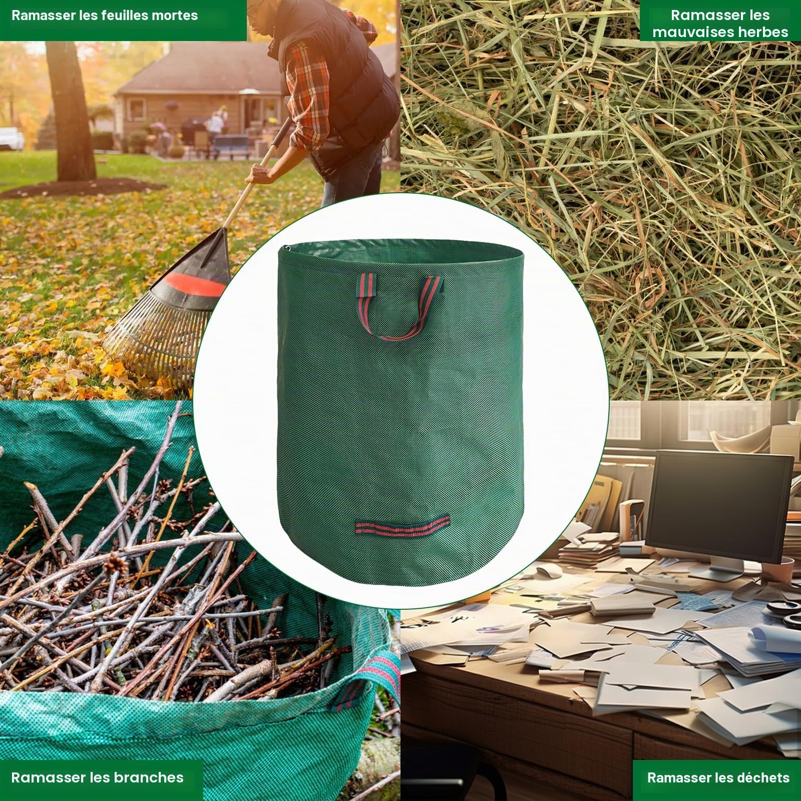 4x Sacs de Jardin Indéchirables, 272L Sac Jardinage Déchets, Autoportant, Big Bag avec Poignées, Étanche, Pliable et Réutilisable, Sac Végétaux Jardin 150 g/m²