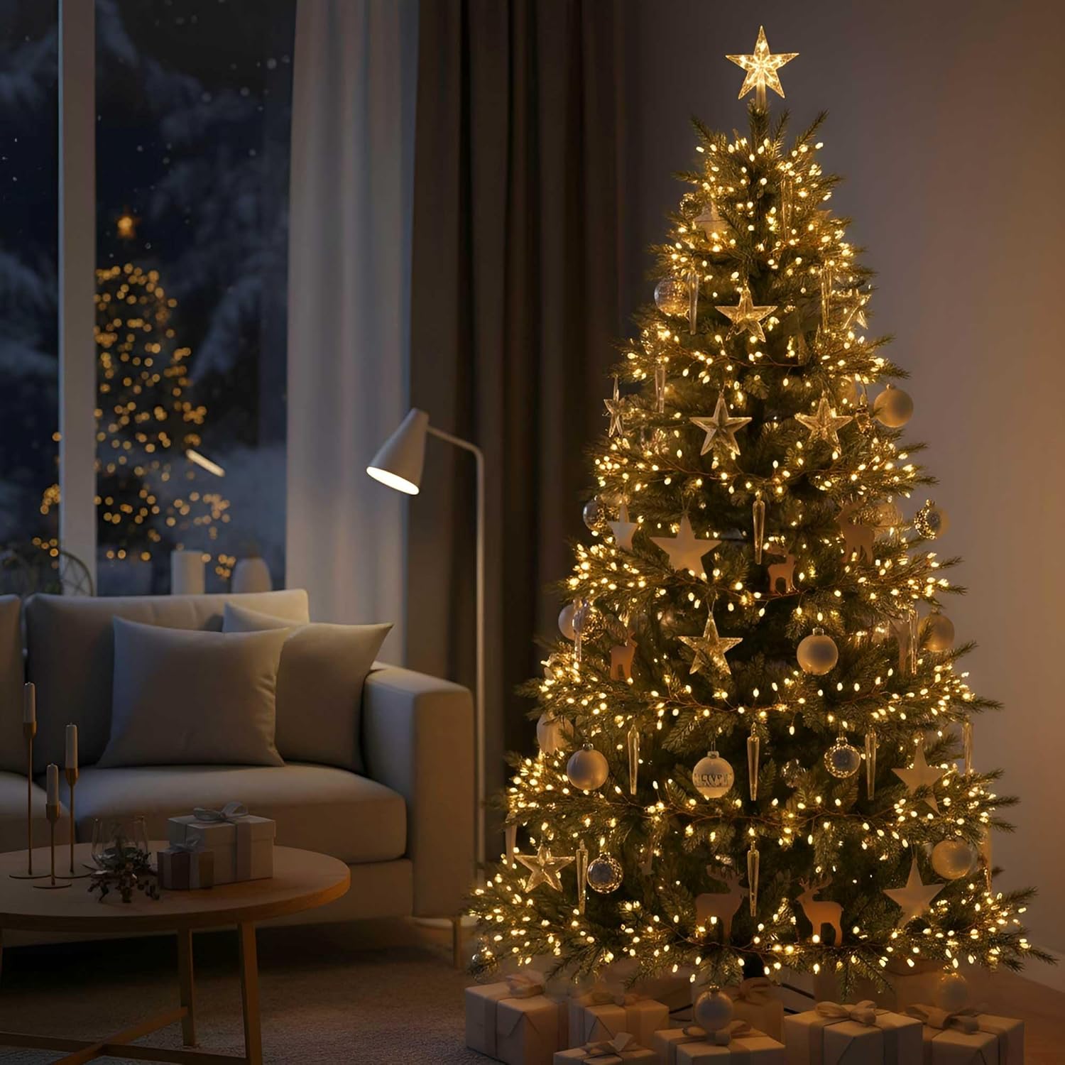 QBIS 240 LED Christmas Cluster Lights, 10ft Warm White Fairy Lights on Copper Wire, Plug in, Christmas Tree Lighting, Firecracker Light String Indoor Outdoor use, Window, Fireplace, Stair Decoration