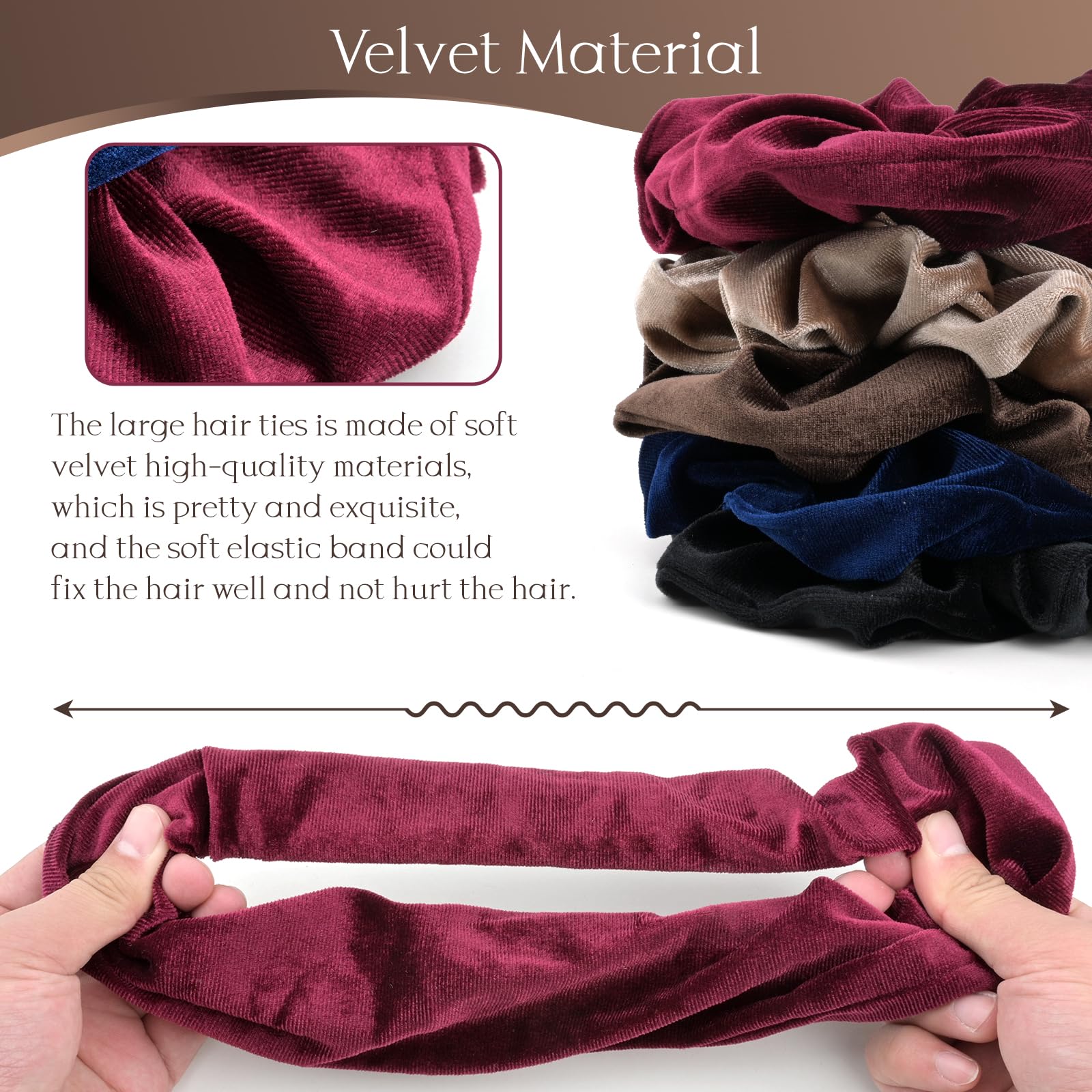 SGQTZDZQ Large Velvet Scrunchies for Women, Soft, Extra-Big Hair Ropes in Black, Navy, Camel, Wine Red - Image 4