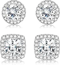1-2 Pairs 925 Sterling Silver 18K Gold Plated Cubic Zirconia Stud Earrings/Round Cut Square CZ Stud Earrings for Women Men