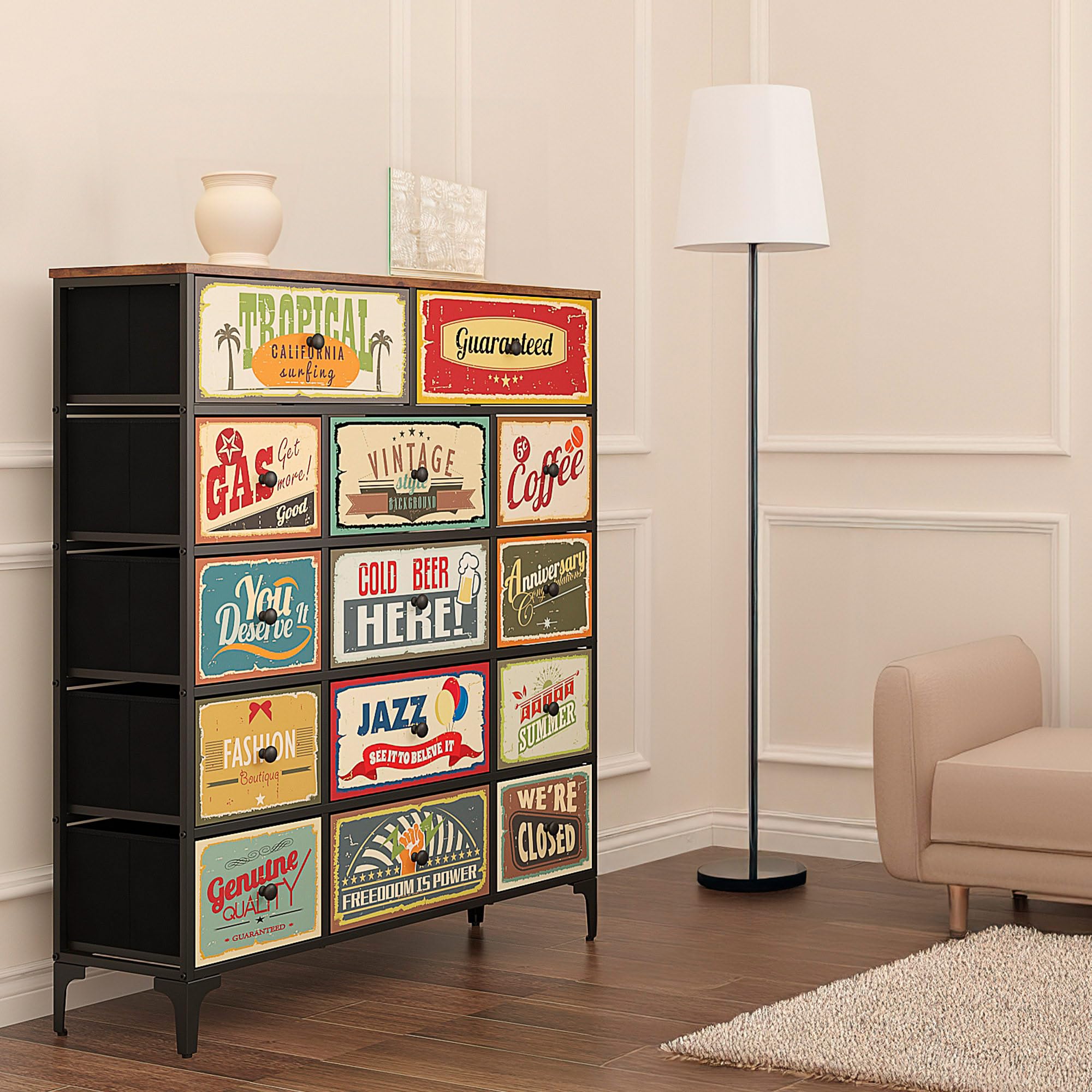 AKTIVE Max Home Mehrzweck-Schlafzimmerkommode, Retro- und Vintage-Grafiken, 14 leichte Stoffschubladen, 103 x 30 x 119 cm, Stahlrahmen, Holzplatte, Nachttische, Wohnzimmermöbel (18405)