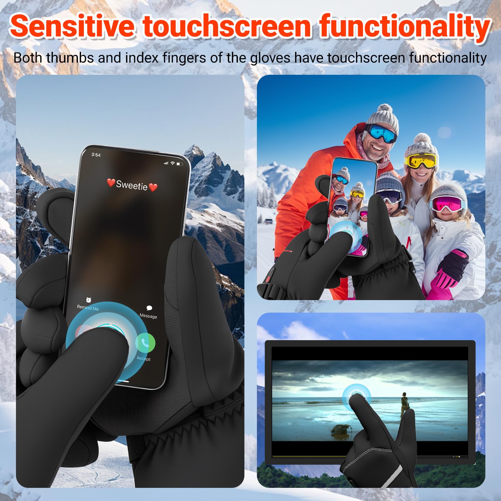 Gants Chauffants 7,4V à Chauffage Rapide pour Hommes et Femmes, 20000mAh Gants Chauffants Rechargeables, 3 Températures, Écran Tactile, Étanches, Antidérapants, Adaptés à l'hiver