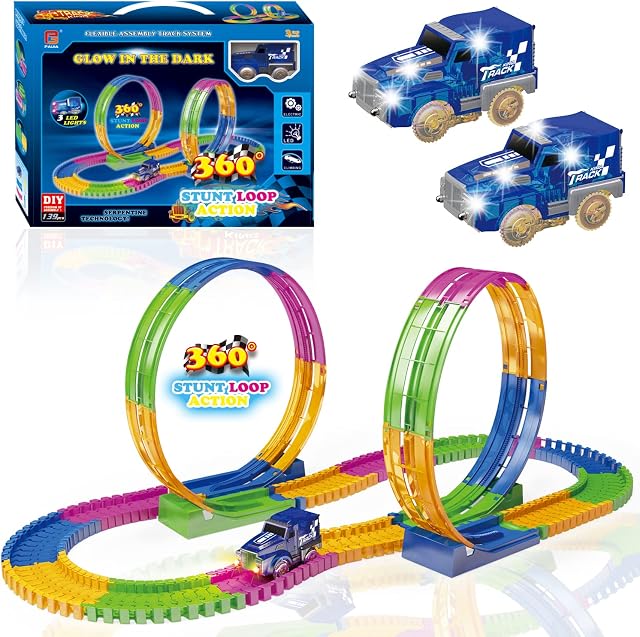 Tracks Glow in the Dark Race Car Track, Car Track Toys Glow Race Tracks Toy Flexible 360 Loop Train Race Track with 2 Light Up Cars Playset, Racing Cars Construction Toy For Boys Girls Age 3 4 5 6