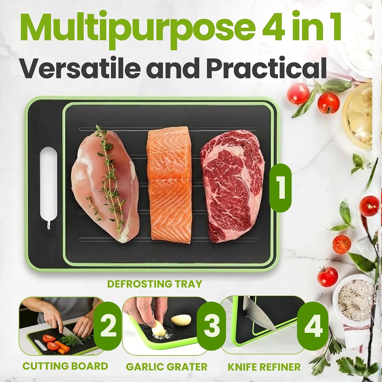 4-in-1 Defrosting Tray for Frozen Meat – Defroster & Thawing Plate Defrosting Tray with Built-in Knife Refiner, Garlic Grater & Cutting Board – Non-Slip & Dishwasher-Safe (Black)