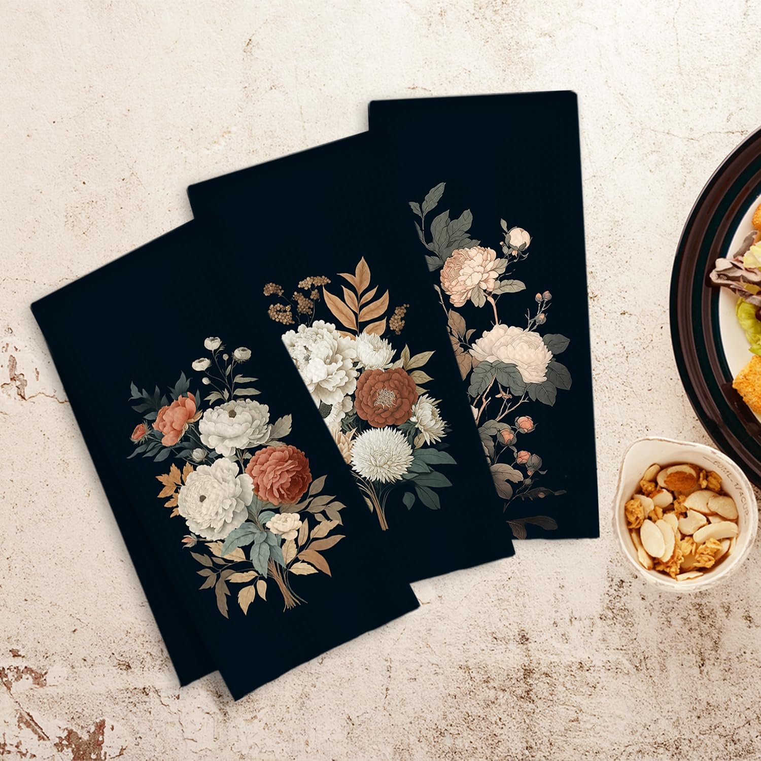 Vintage Peony Floral Kitchen Towels, Rustic Elegant Botanical Dish Tea Towels, Dark Cottagecore Peony Flower Decorative Hand Towel for Bathroom Kitchen, 16x24 Inch Set of 3 - Image 4