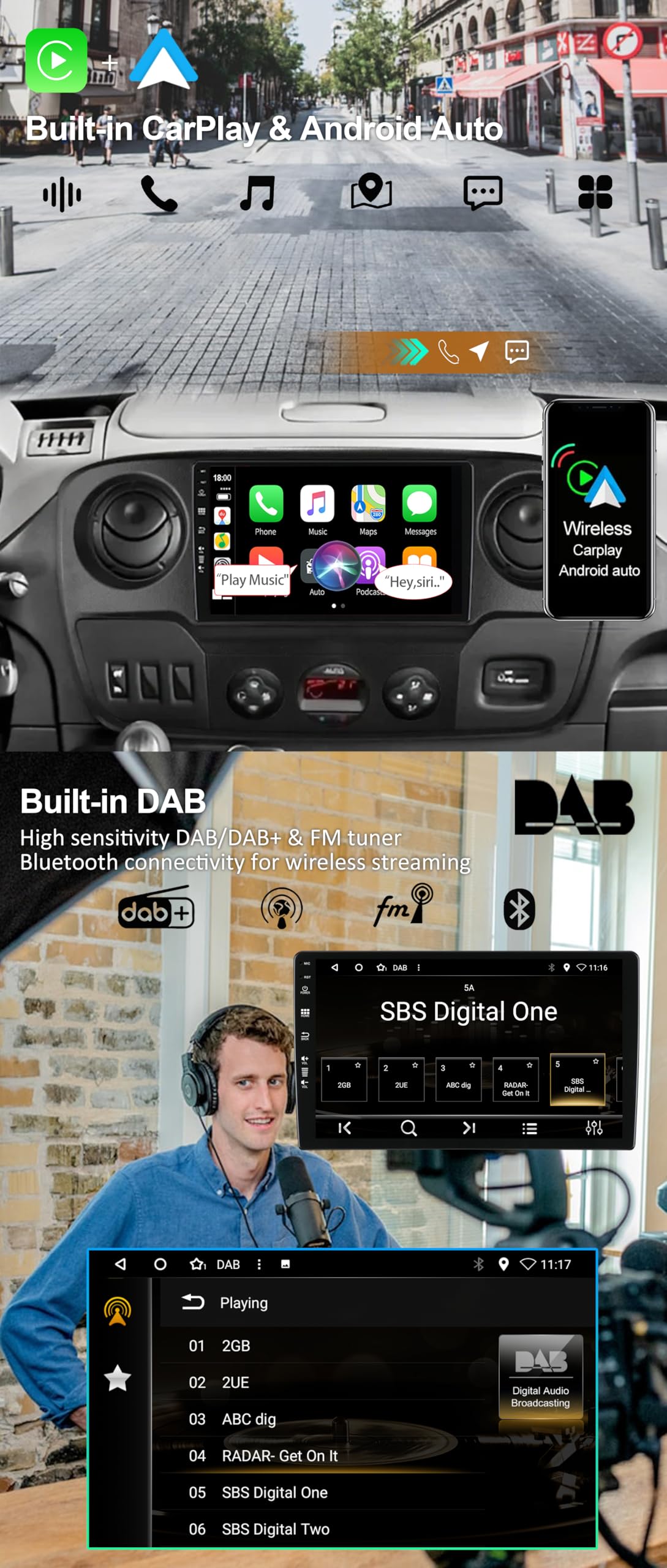 Radio samochodowe z systemem Android 14 IPS - [wbudowane DAB] - pasuje do Renault Master/OPEL Movano/Nissan NV400 (2010-2021) - bezprzewodowe Carplay/Android Auto - 4G + 64G - aparat +