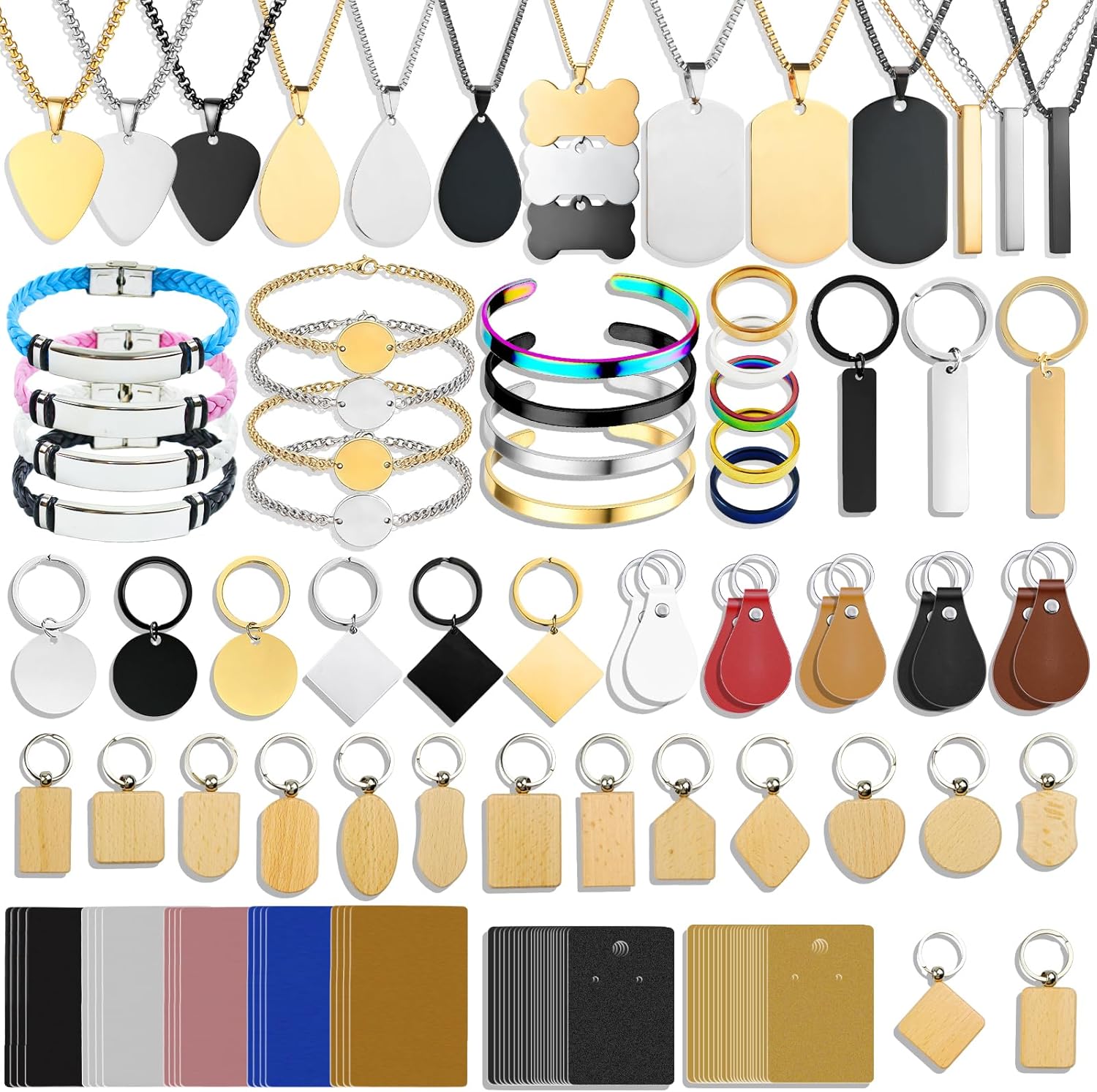 MUXERAN 168 Pcs Laser Engraving Materials bulk Include 66 Pcs Laser Engraving Supplies Include Necklace Bracelet Ring Keychain For Laser Engraver DIY Crafting Supplies