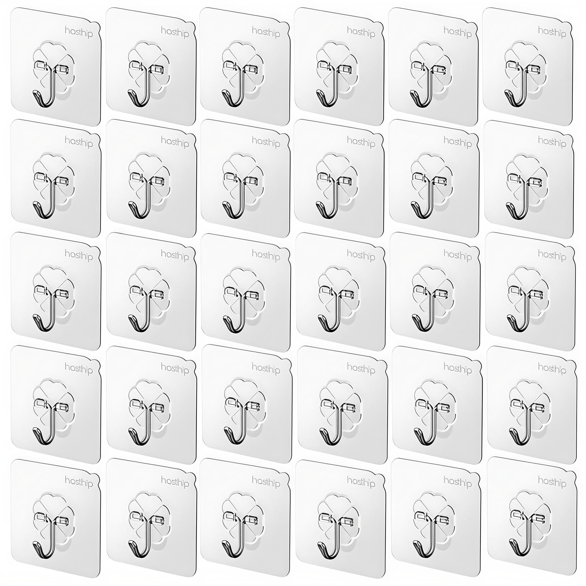 HASTHIP® 30 Pack Wall Hooks Strong Acrylic Backing Glue Walls Hook Self-Adhesive Wall Hooks for Bathroom, Kitchen Waterproof Ultra Adhesive Walls Hook (Clear)