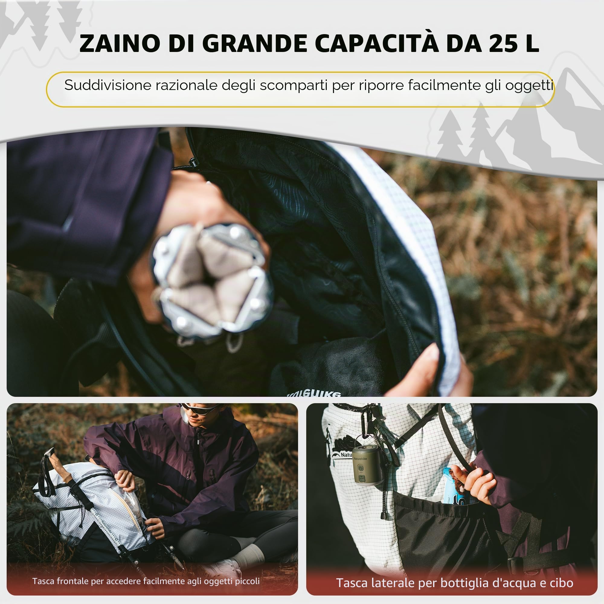 Naturehike Zaino da trekking impermeabile resistente ai graffi e all'usura traspirante ideale per campeggio escursioni viaggi all'aperto con scomparto per sacca idrica 25L in Bianco