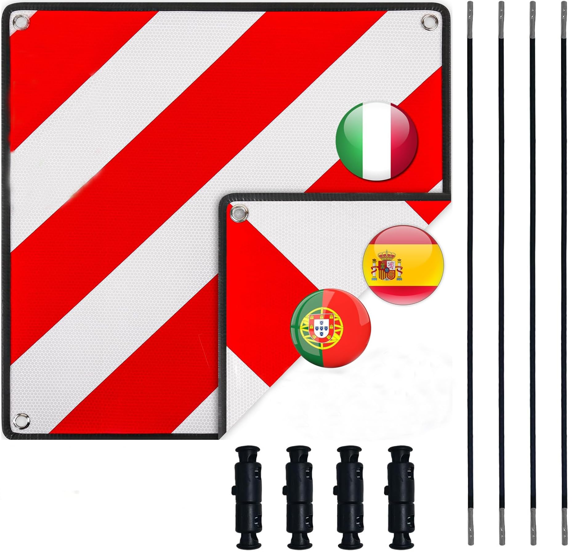 Warntafel Italien Spanien und Portugal Fahrradträger,3 In 1 Alu Reflektierend Warnschild(50 x 50 cm) mit 4X Spannseile,Zertifizierte für Fahrradträger Heckträger & Auto Wohnmobil
