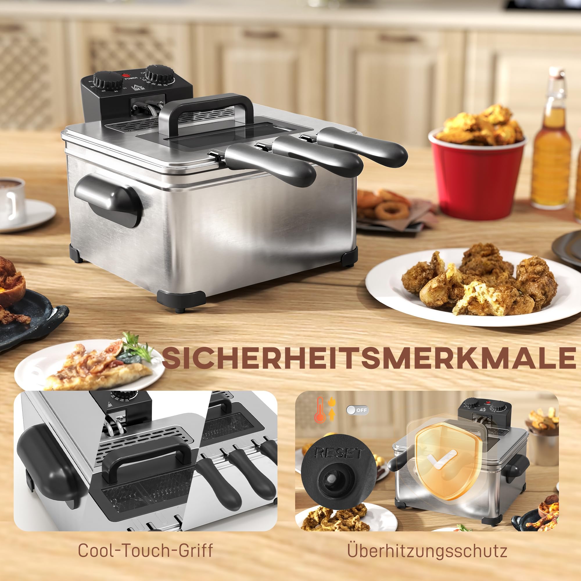 HOMCOM Friteuse 5 litres Électrique Température/Minuterie Réglables 2000 W | Panier à Huile Amovible, Fenêtre de Visualisation, pour Frites et Poulet Frit, Acier Inoxydable