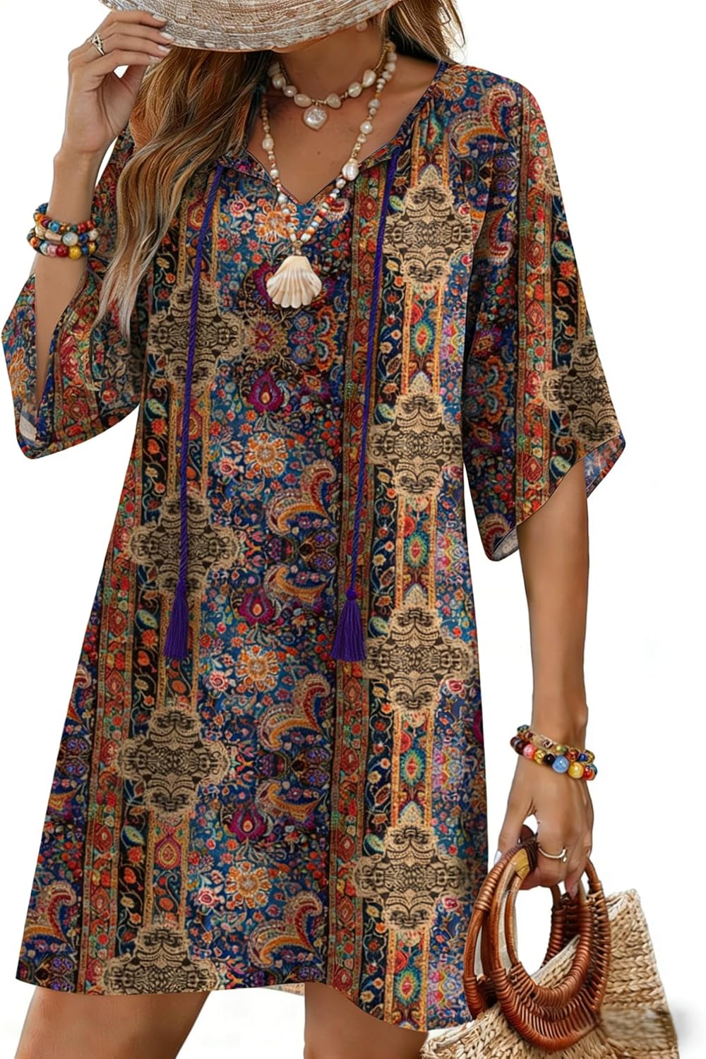 Zeagoo Womens Casual Beach Summer Dress Boho Cover Up Tassel Tie V Neck 3/4 Long Sleeve Mini Sundress 2026 Floral Print