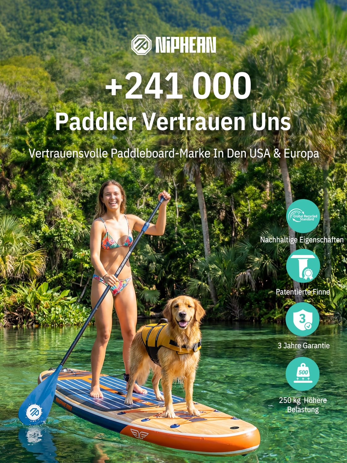 Niphean (Extra Groß) Stand Up Paddling Board, SUP für 2+1 Personen/Familien, SUP Board mit (Anfängergeeignet) Balancierflügel, wasserdichte Handyhülle, Stand Up Paddle Board for Adults, Geschenkideen