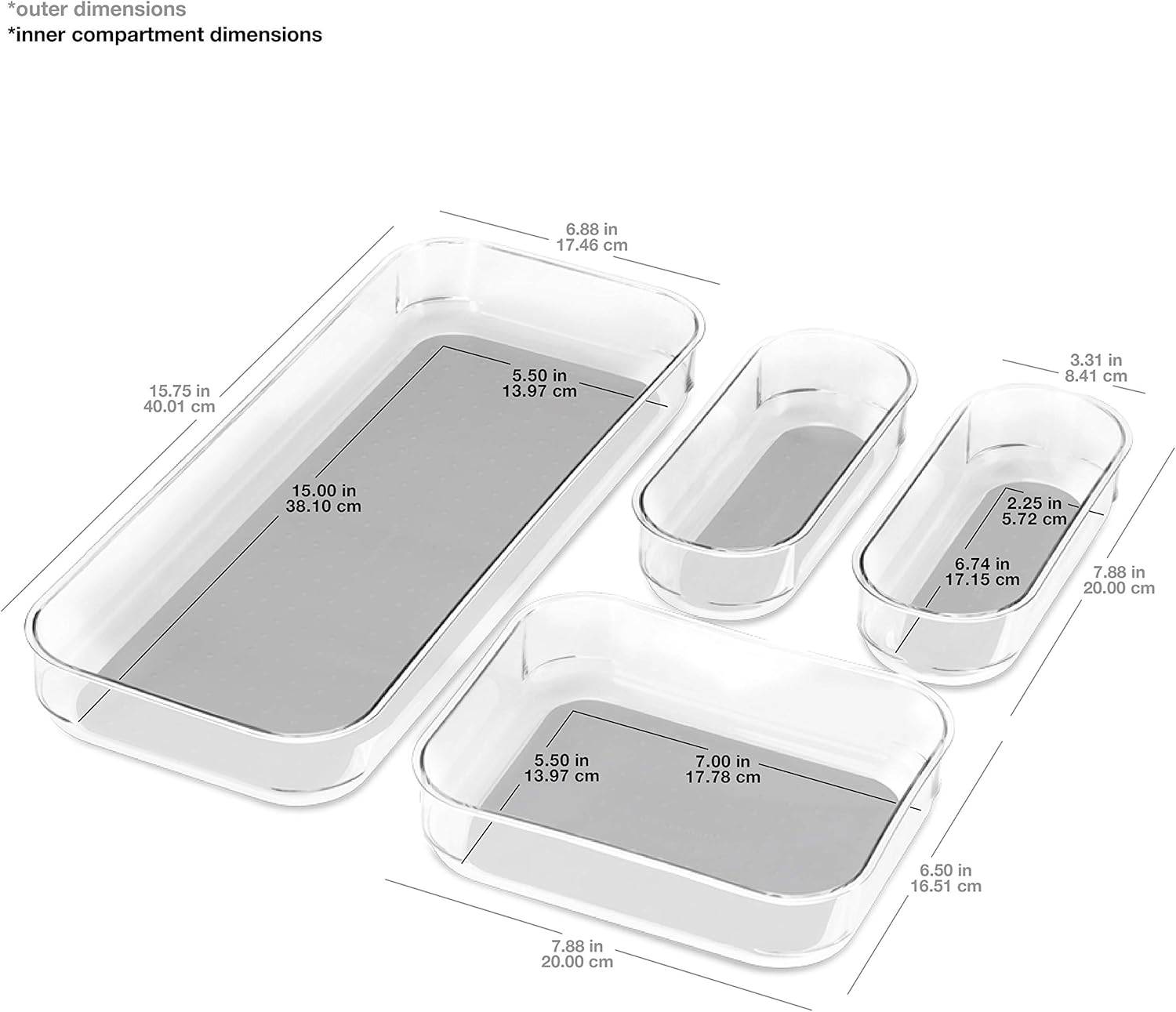madesmart Premium 4 Piece Clear Bin Pack, Modular Storage Set for Office, Kitchen & Home, Soft Grip Lining & Non Slip Base, Grey